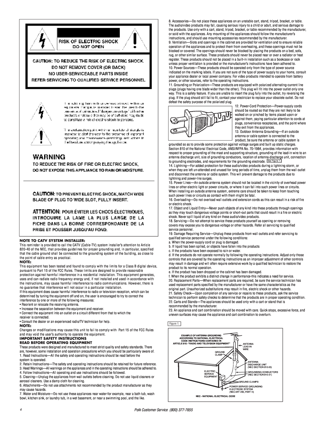 Polk Audio 2 Note To Catv System Installer, Important Safety Instructions, Read Before Operating Equipment 