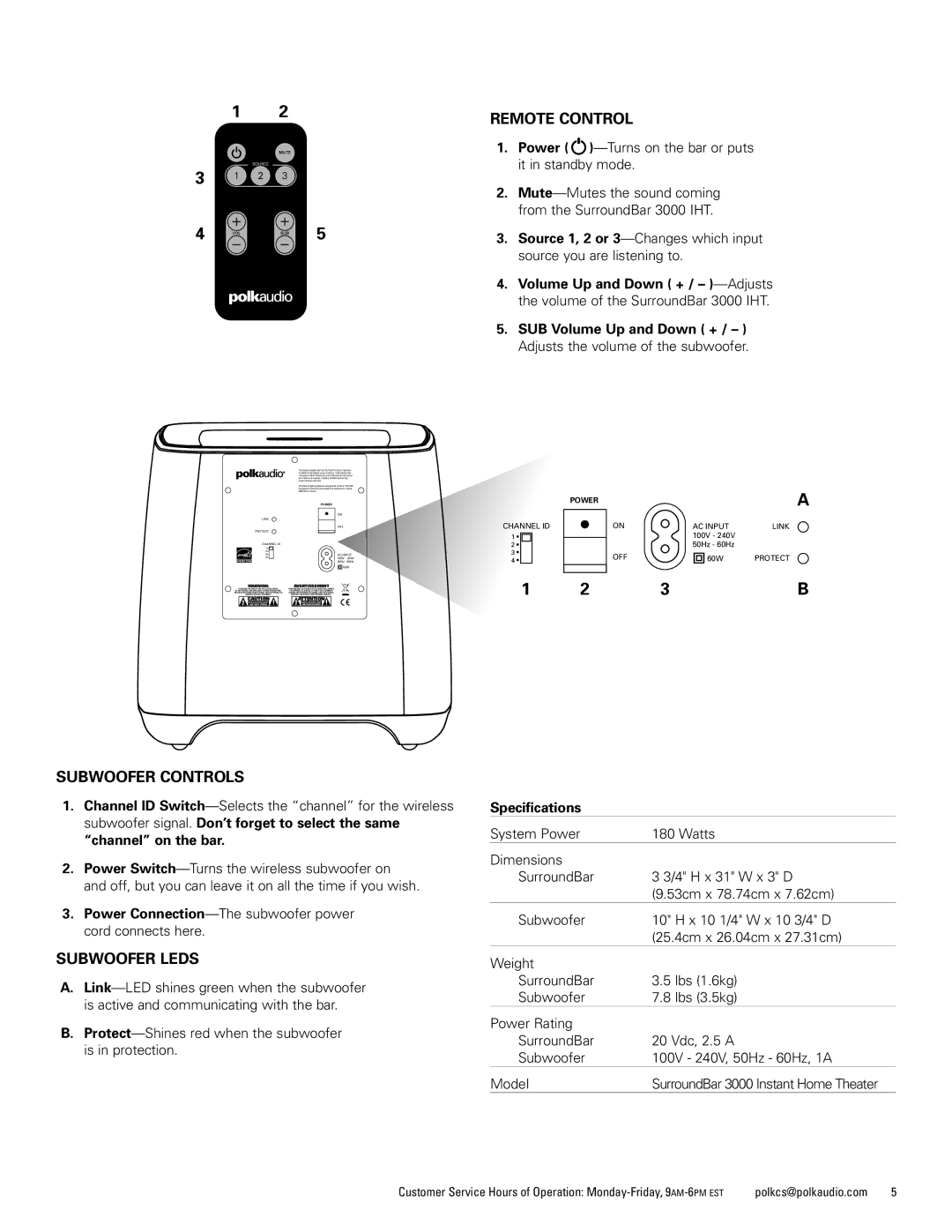 Polk Audio 3000 manual Subwoofer Controls, Subwoofer Leds, Remote Control, Specifications 