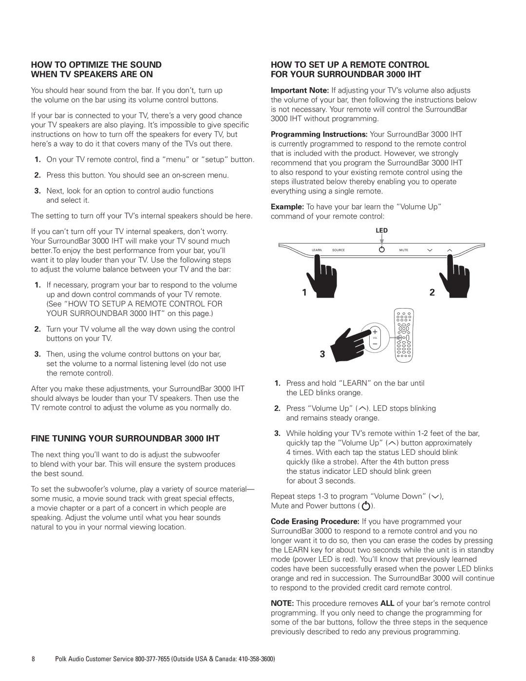 Polk Audio manual HOW to Optimize the Sound When TV Speakers are on, Fine Tuning Your Surroundbar 3000 IHT 