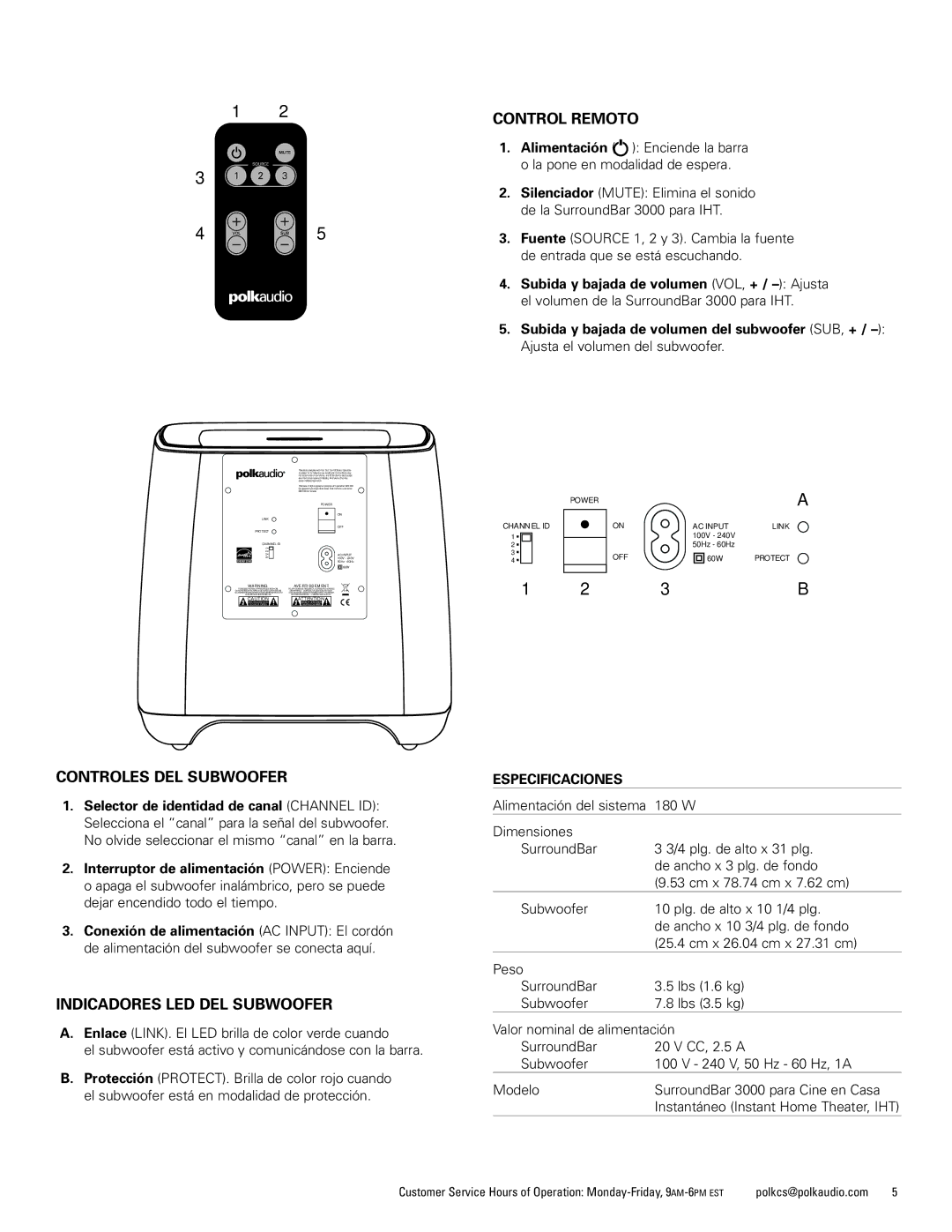 Polk Audio 3000 manual Controles DEL Subwoofer, Indicadores LED DEL Subwoofer, Control Remoto 