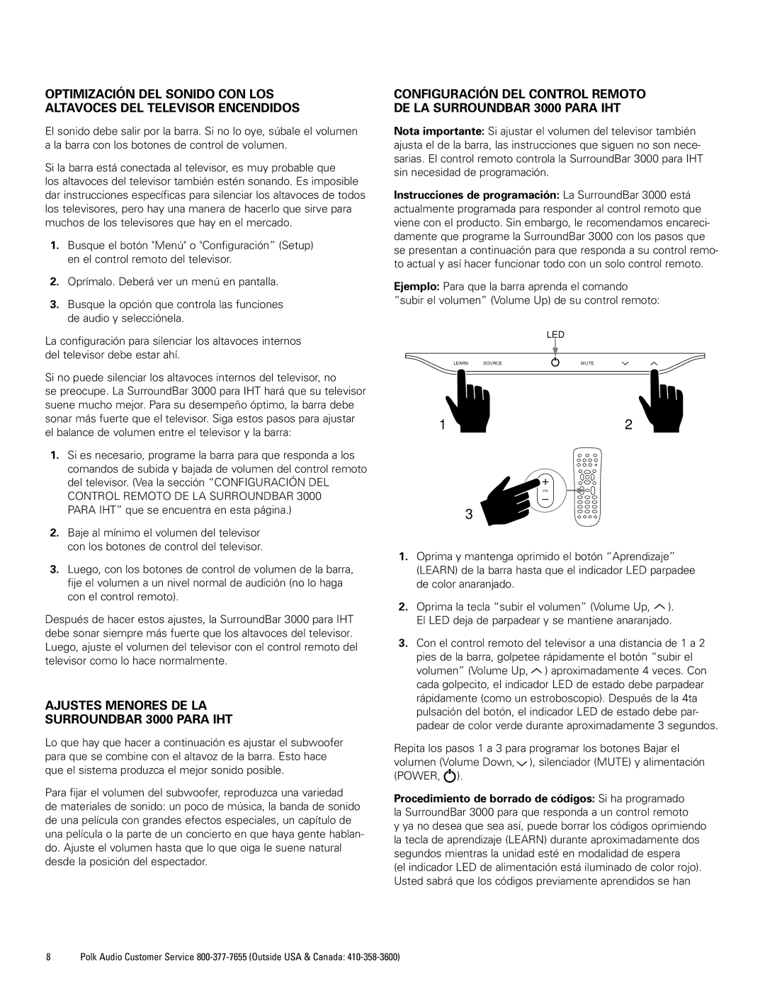 Polk Audio manual Ajustes Menores DE LA Surroundbar 3000 Para IHT 