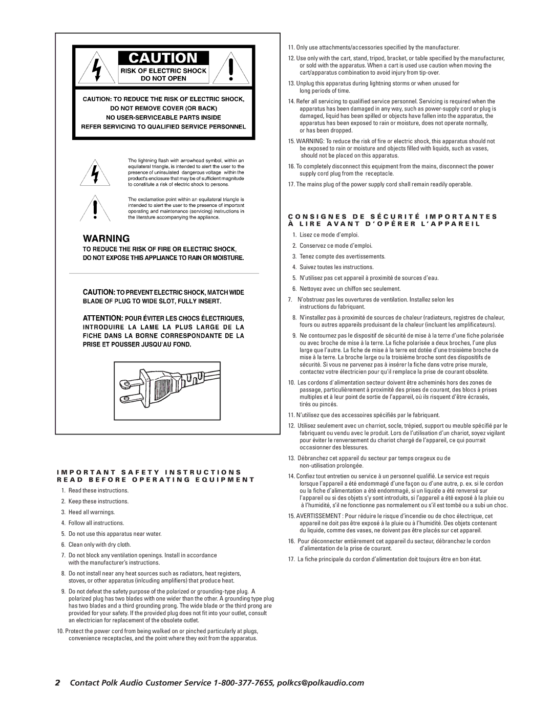 Polk Audio 505, 303, PSW404 owner manual 