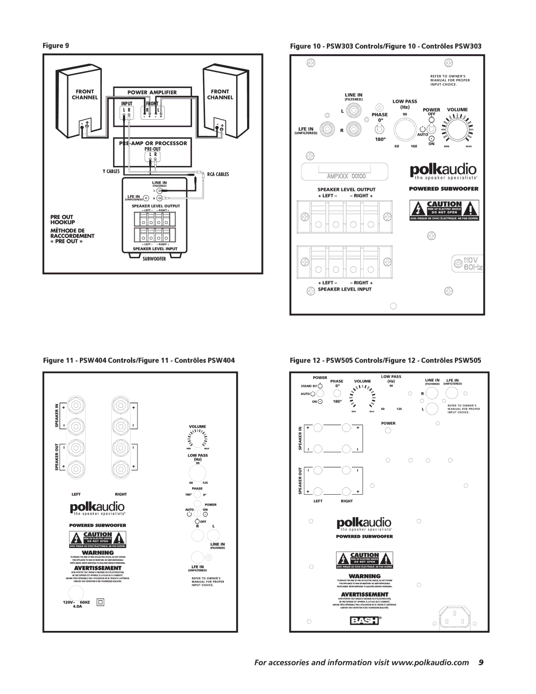 Polk Audio 303, PSW404, 505 owner manual PRE OUT Hookup Méthode DE Raccordement « PRE OUT » 