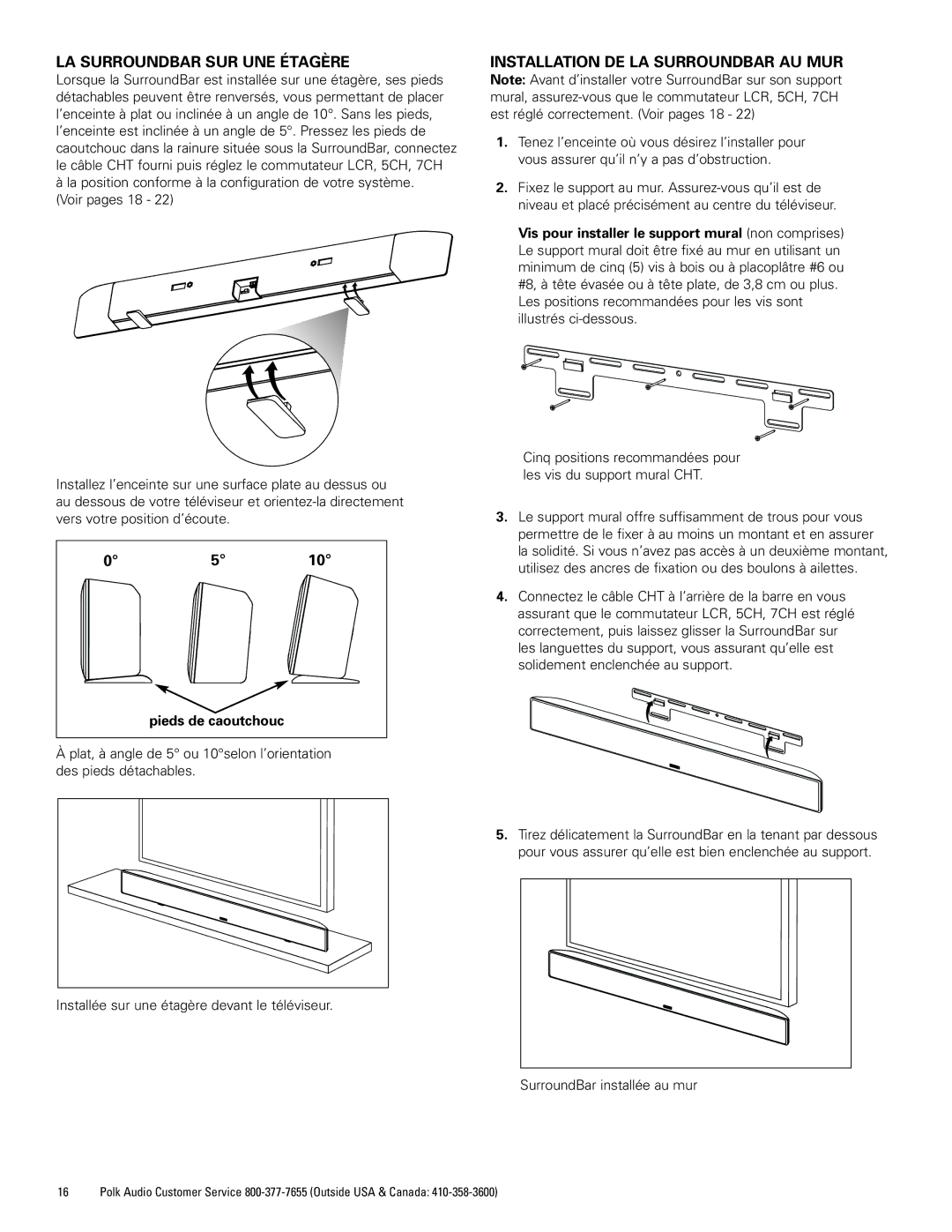 Polk Audio 400, 500 manual LA Surroundbar SUR UNE Étagère, Installation DE LA Surroundbar AU MUR 