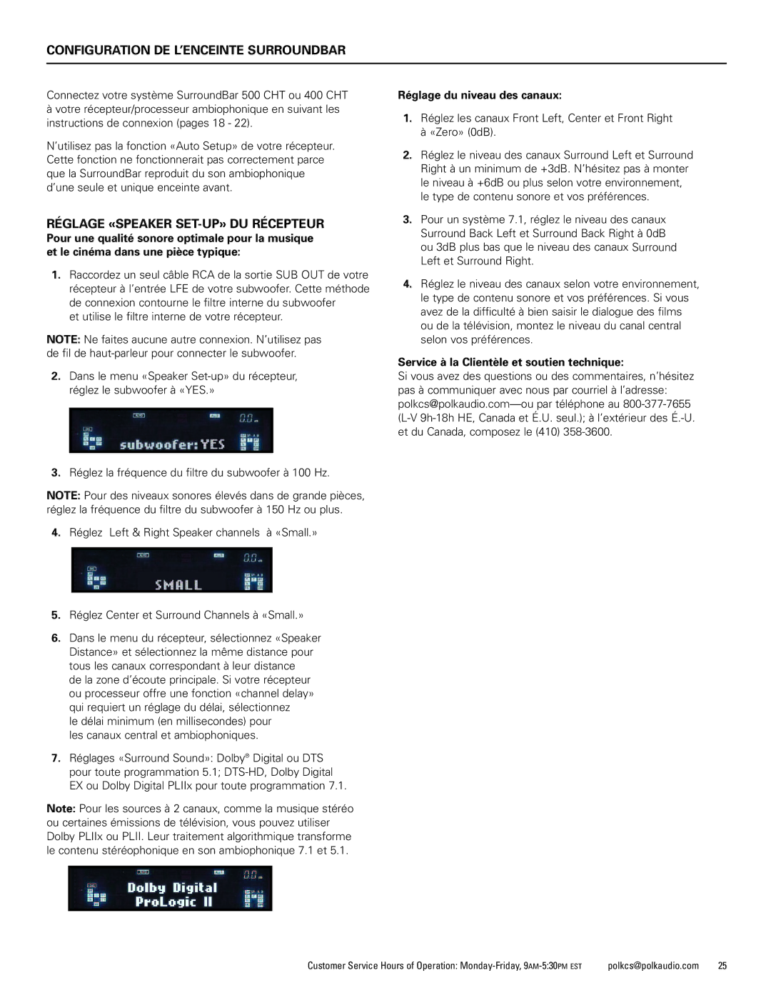 Polk Audio 500, 400 manual Configuration DE L’ENCEINTE Surroundbar, Réglage «SPEAKER SET-UP» DU Récepteur 