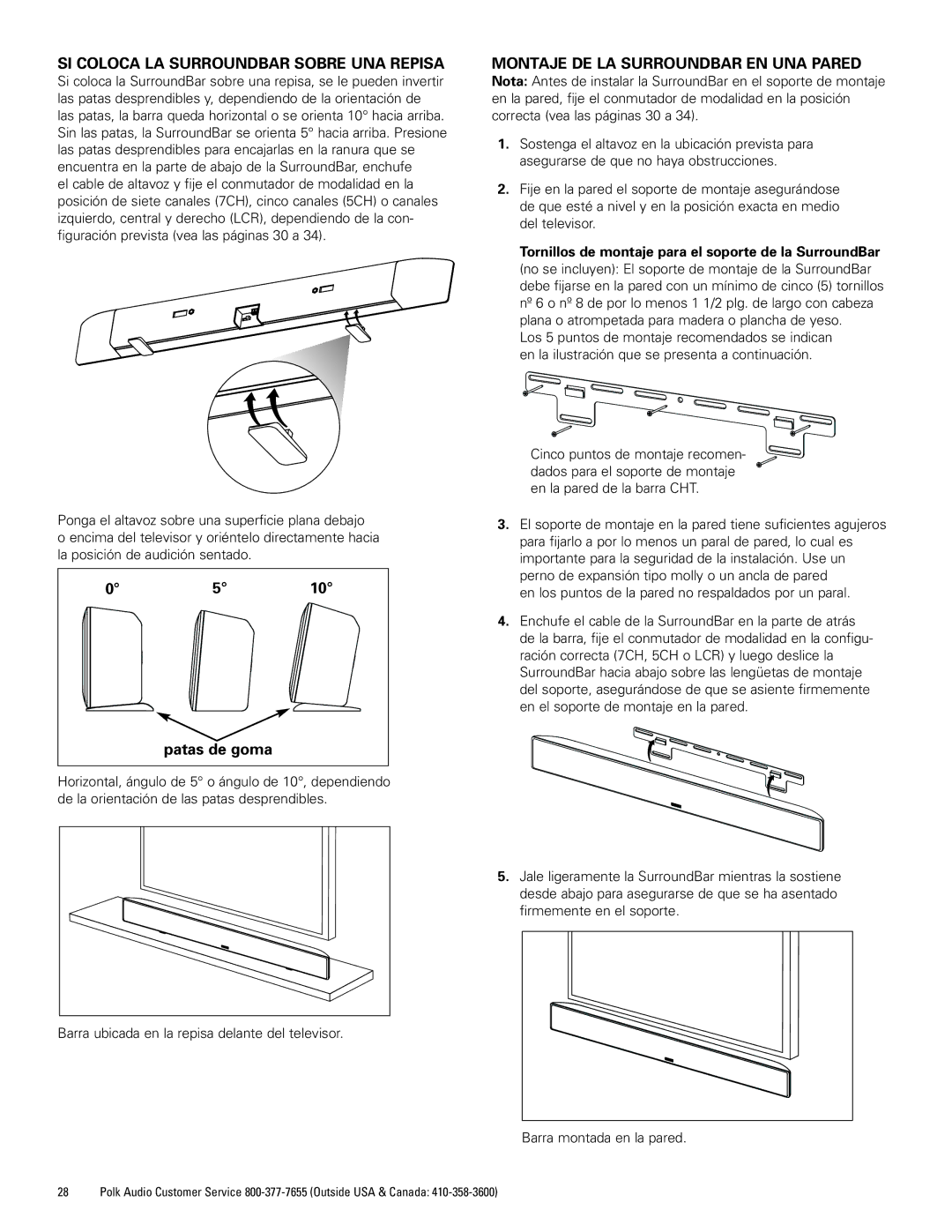 Polk Audio 400, 500 manual SI Coloca LA Surroundbar Sobre UNA Repisa, Montaje DE LA Surroundbar EN UNA Pared 