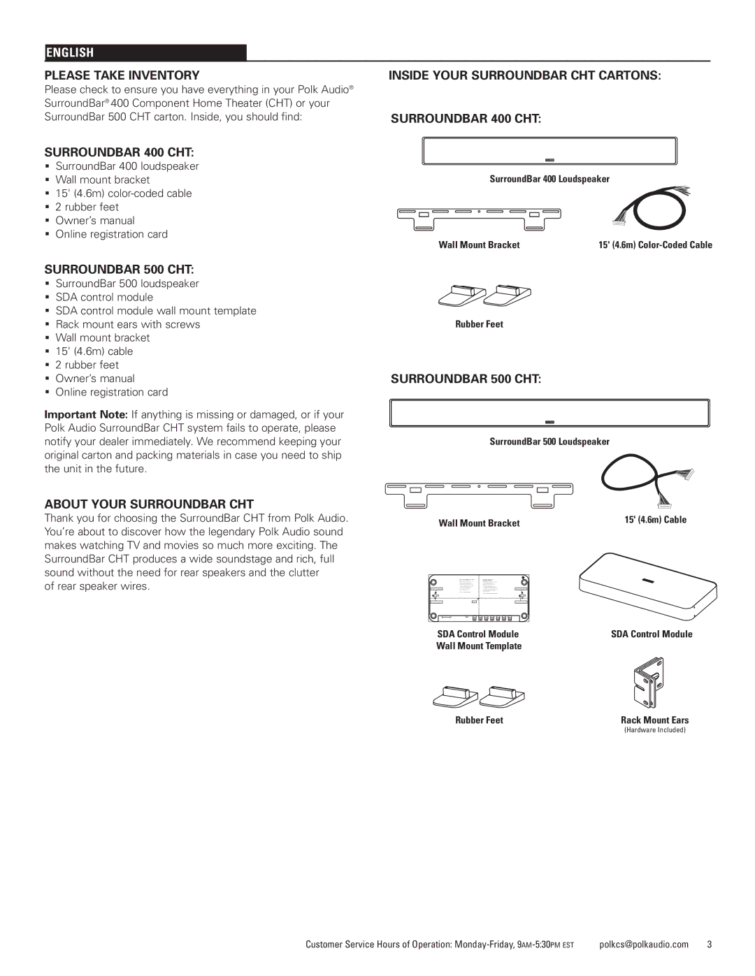 Polk Audio manual Please Take Inventory, Surroundbar 400 CHT, Surroundbar 500 CHT, About Your Surroundbar CHT 