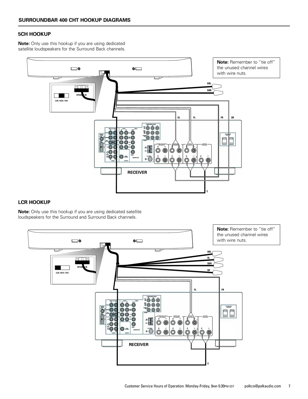 Polk Audio 500 manual Surroundbar 400 CHT Hookup Diagrams 5CH Hookup, LCR Hookup 