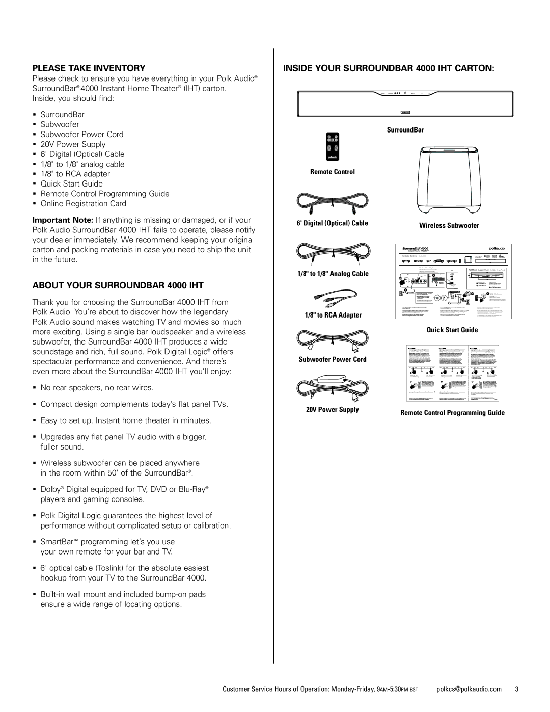 Polk Audio manual Please Take Inventory, About Your Surroundbar 4000 IHT, Inside Your Surroundbar 4000 IHT Carton 