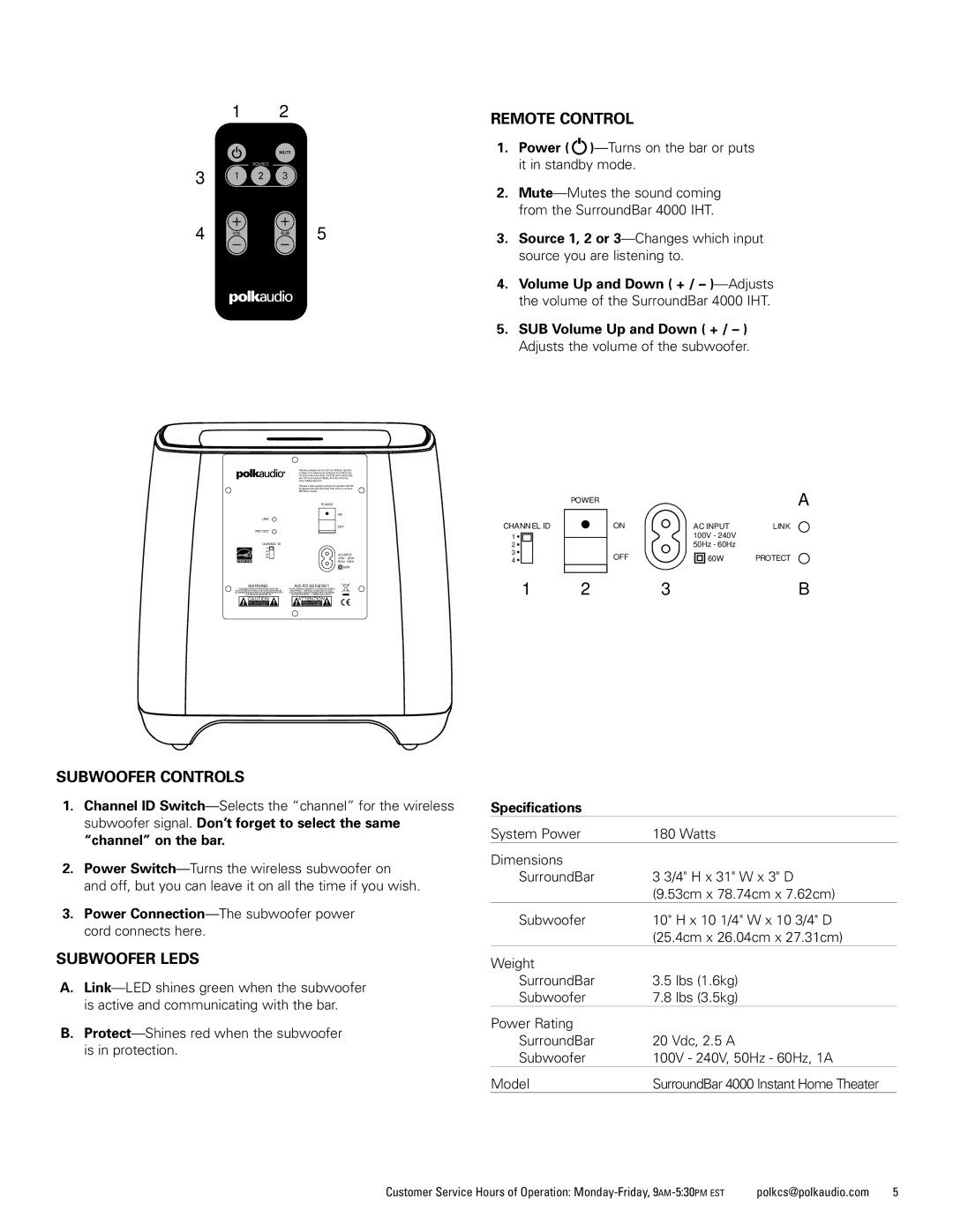 Polk Audio 4000 manual Subwoofer Controls, Subwoofer Leds, Remote Control, Specifications 