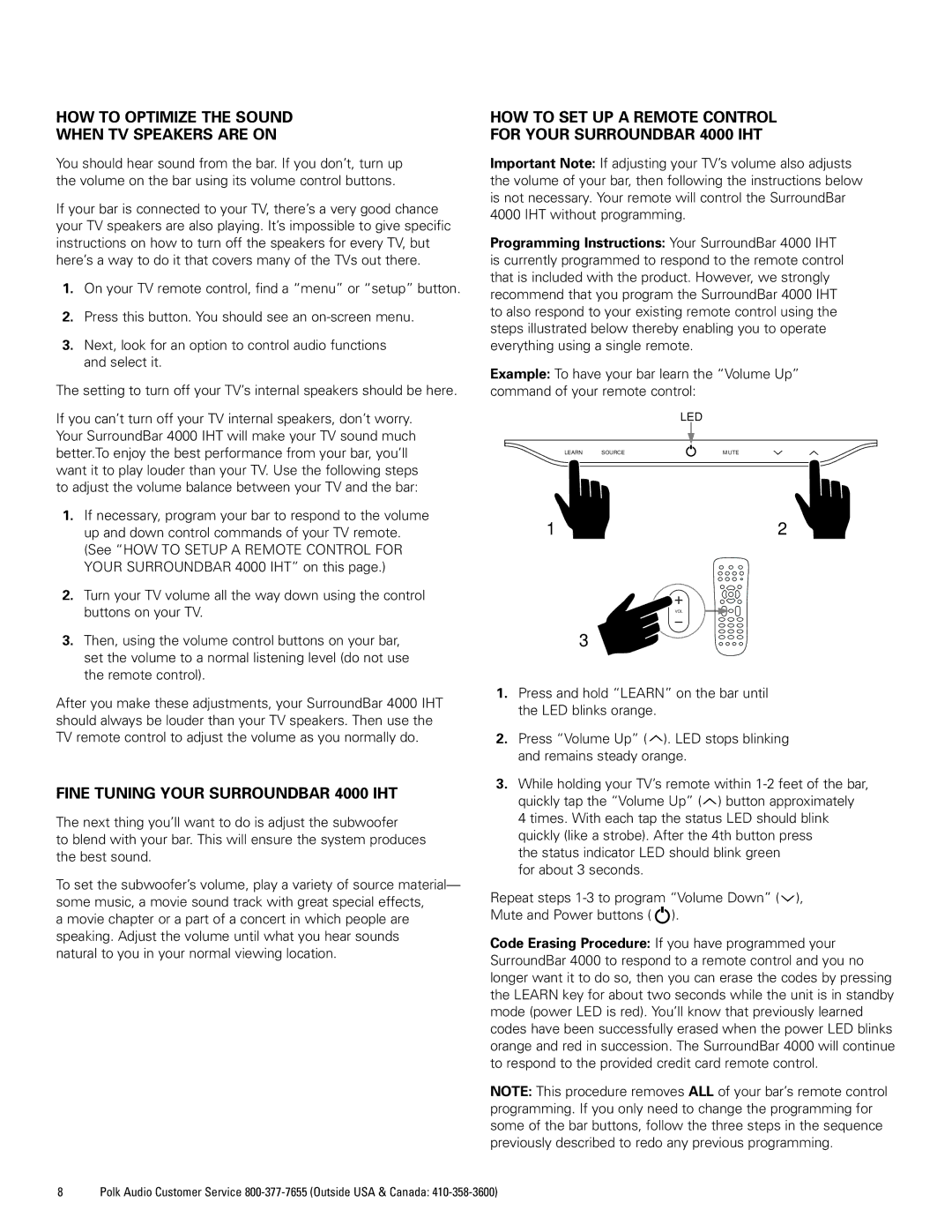 Polk Audio manual HOW to Optimize the Sound When TV Speakers are on, Fine Tuning Your Surroundbar 4000 IHT 