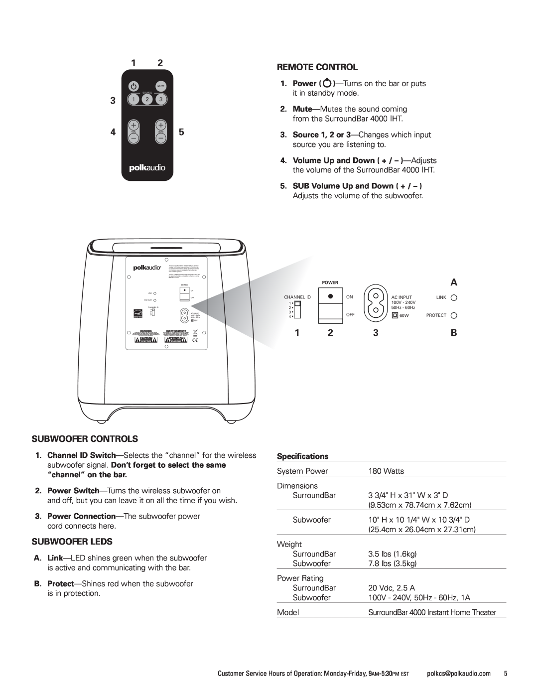 Polk Audio 4000 manual Subwoofer Controls, Subwoofer Leds, Remote Control, Specifications 