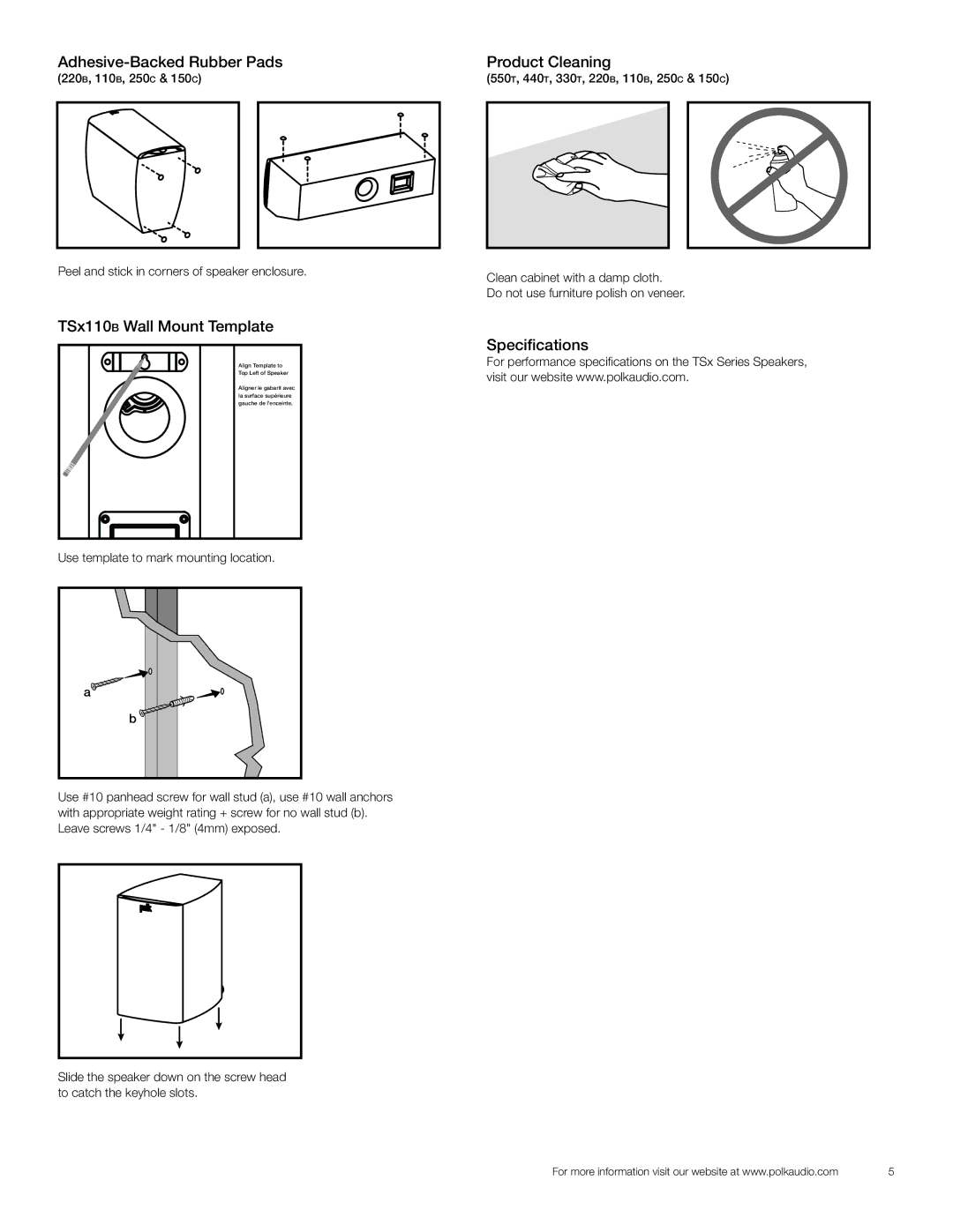 Polk Audio 220B, 440T, 330T, 550T, 110B, 250C, 150C owner manual Adhesive-Backed Rubber Pads, Speciﬁcations 