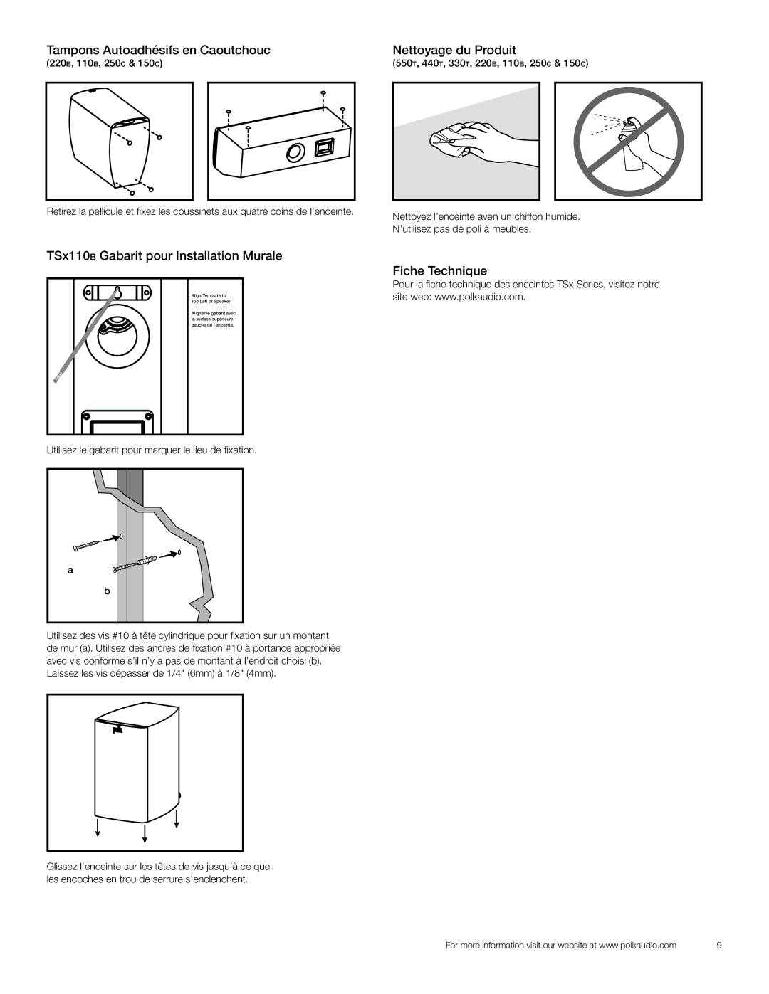 Polk Audio 550T, 440T, 330T, 110B, 250C, 220B, 150C owner manual Tampons Autoadhésifs en Caoutchouc 