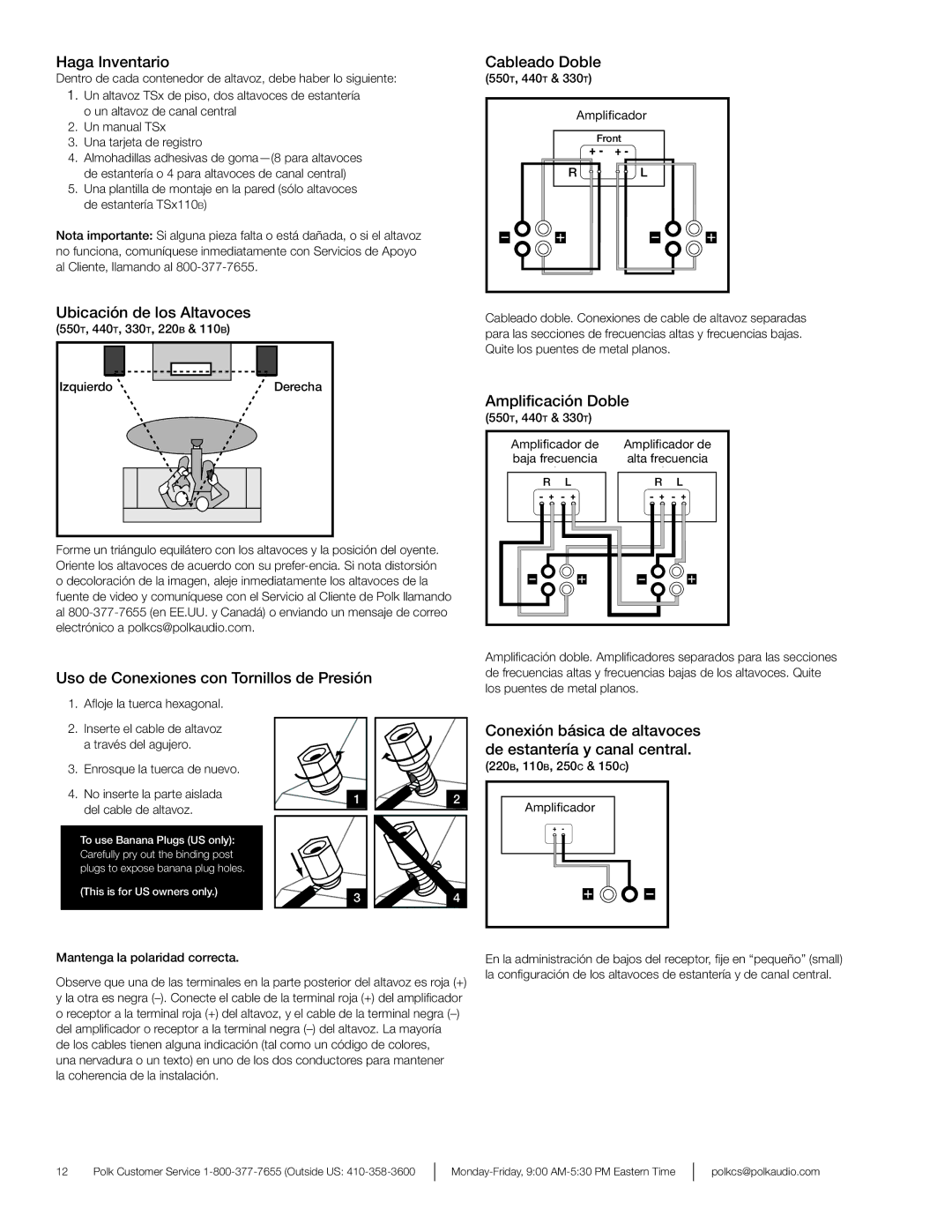 Polk Audio 220B, 110B, 250C, 150C owner manual Ampliﬁcación Doble, Aﬂoje la tuerca hexagonal, 550T, 440T & 330T Amplicador 