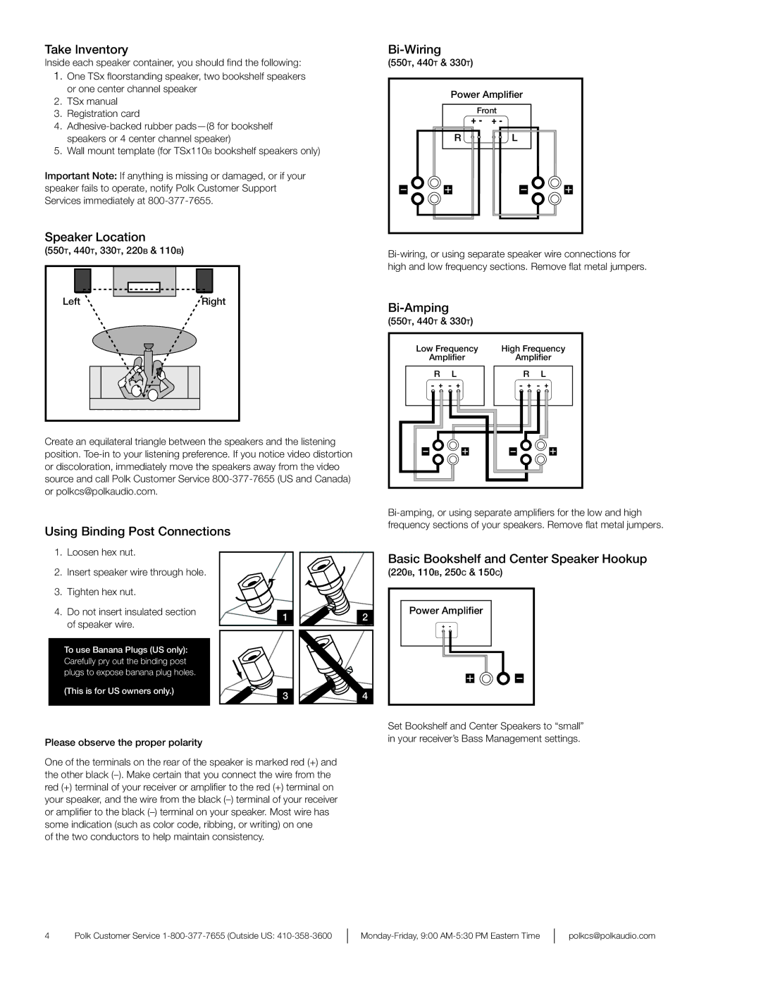 Polk Audio 250C, 440T, 330T, 550T, 110B Take Inventory, Speaker Location, Using Binding Post Connections Bi-Wiring, Bi-Amping 