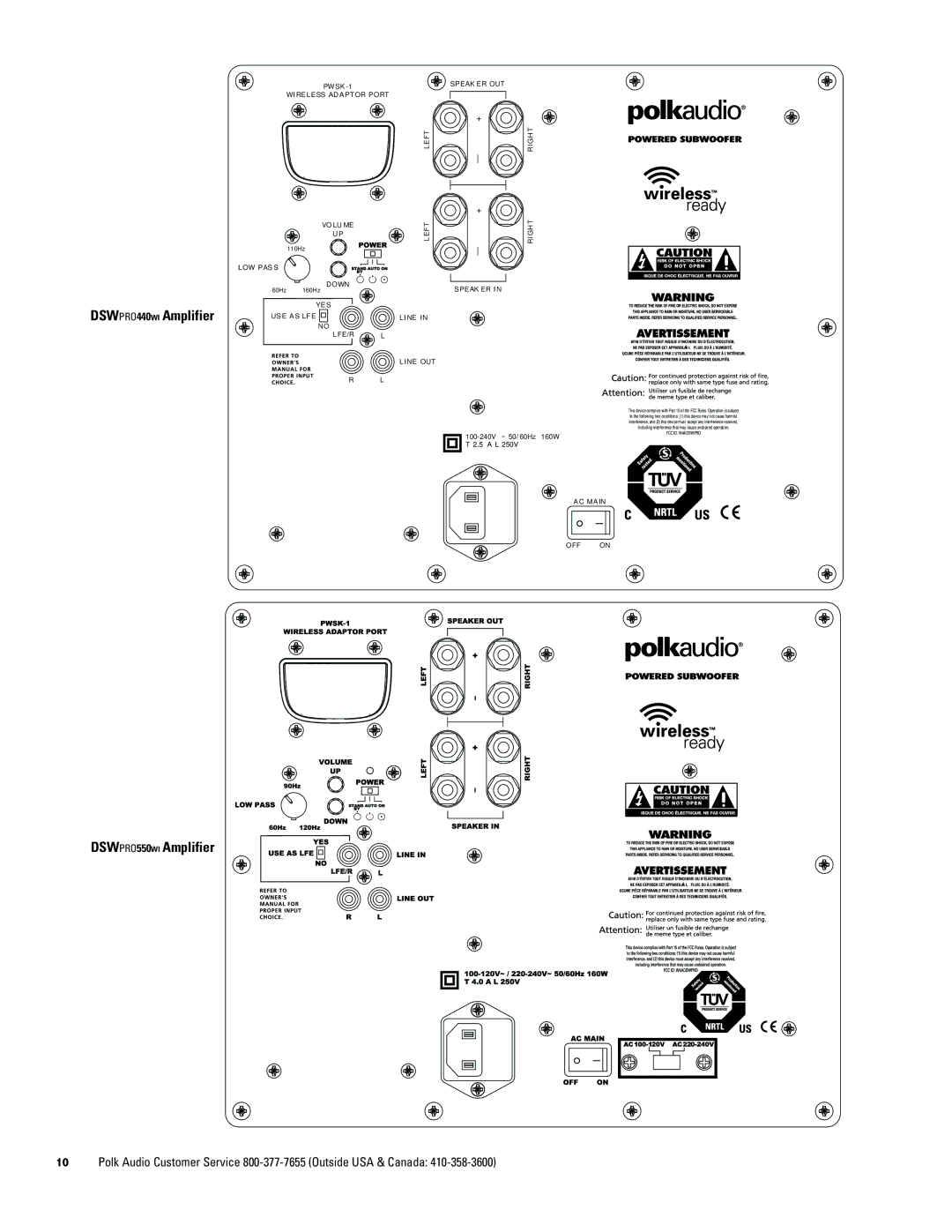 Polk Audio 550wi, 440wi, 660wi owner manual DSWPRO440WI Amplifier, DSWPRO550WI Amplifier 