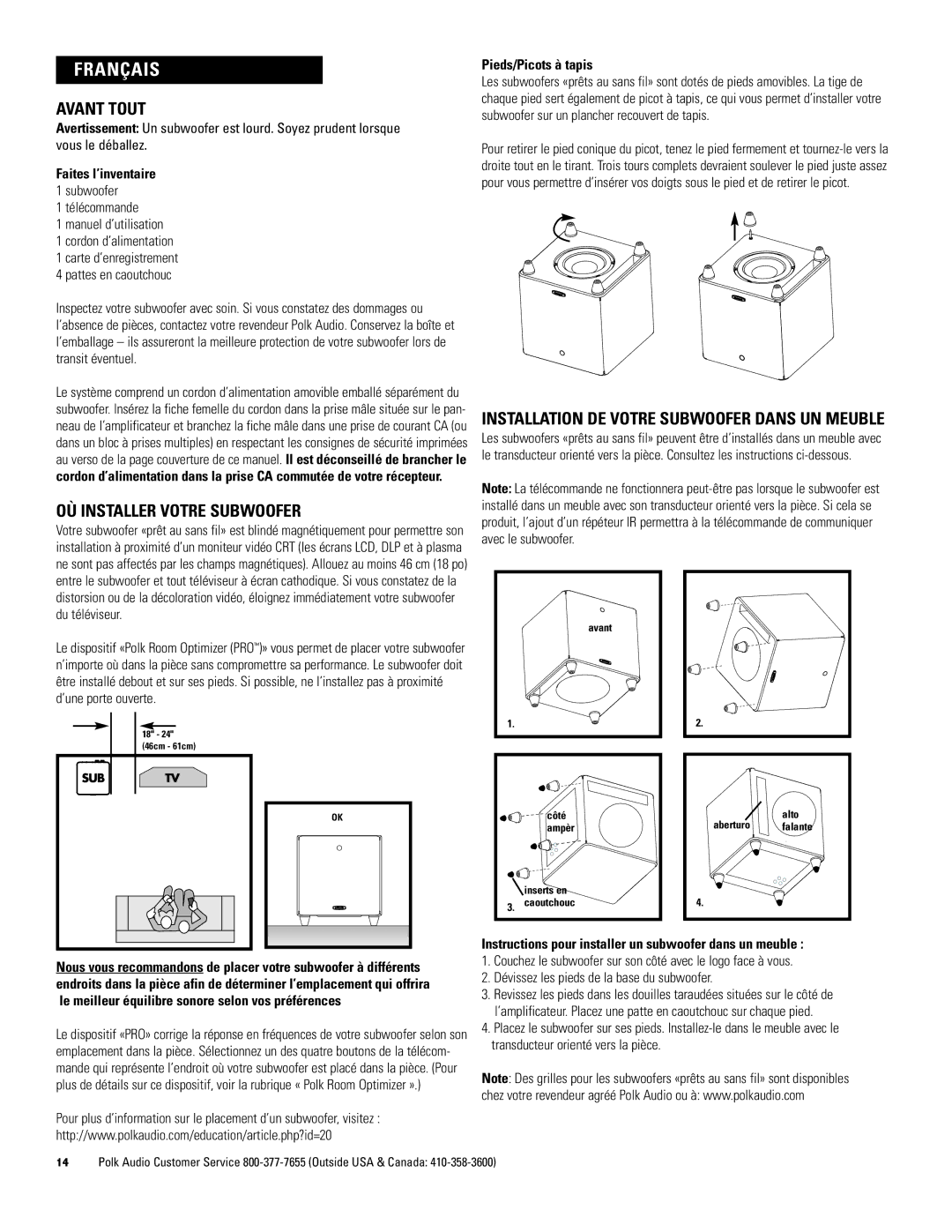 Polk Audio 660wi, 440wi, 550wi owner manual Avant Tout, OÙ Installer Votre Subwoofer, Pieds/Picots à tapis 