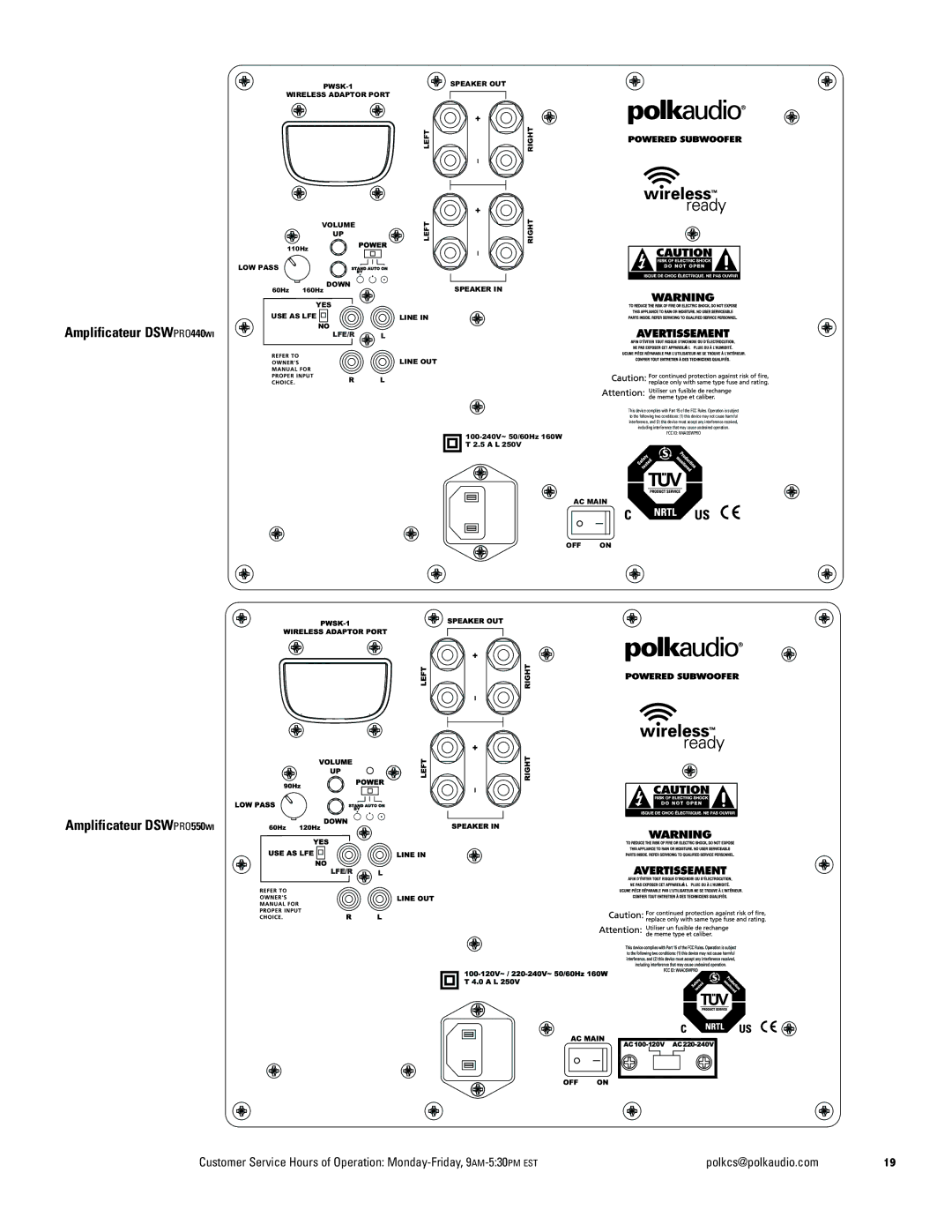 Polk Audio 550wi, 440wi, 660wi owner manual Amplificateur DSWPRO440WI Amplificateur DSWPRO550WI 