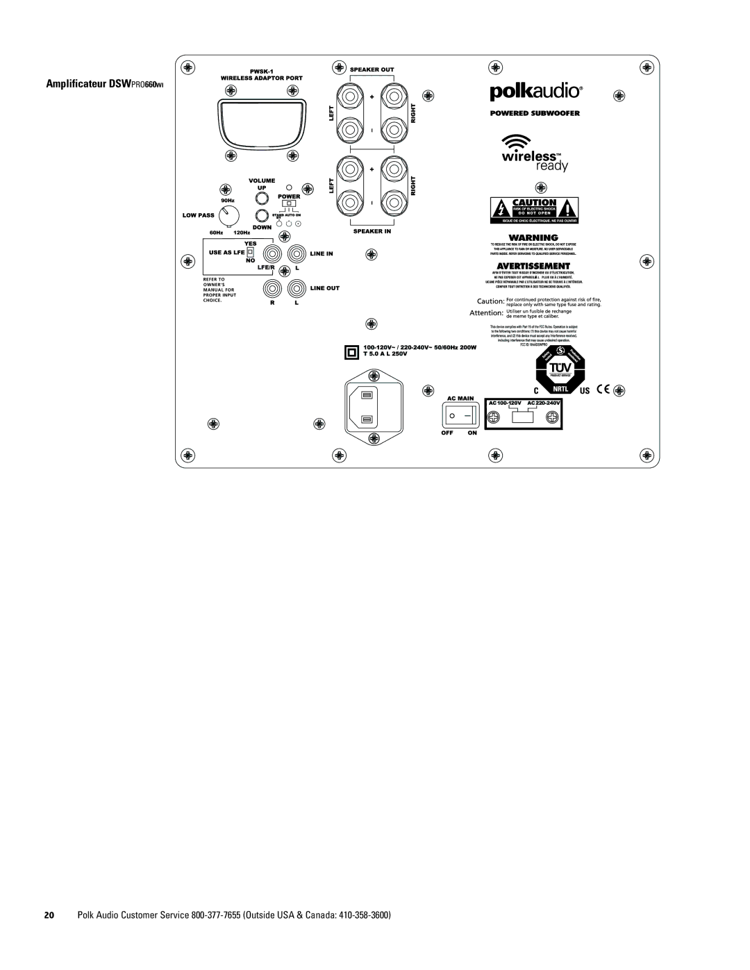 Polk Audio 660wi, 440wi, 550wi owner manual Amplificateur DSWPRO660WI 