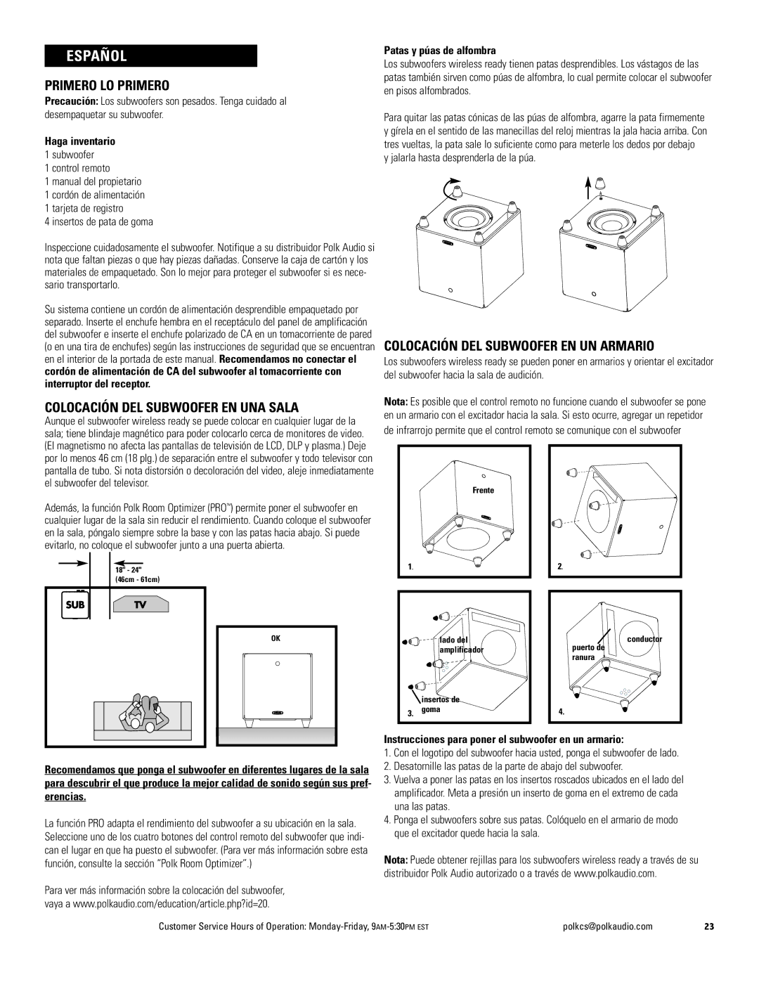 Polk Audio 660wi, 440wi Primero LO Primero, Colocación DEL Subwoofer EN UNA Sala, Colocación DEL Subwoofer EN UN Armario 