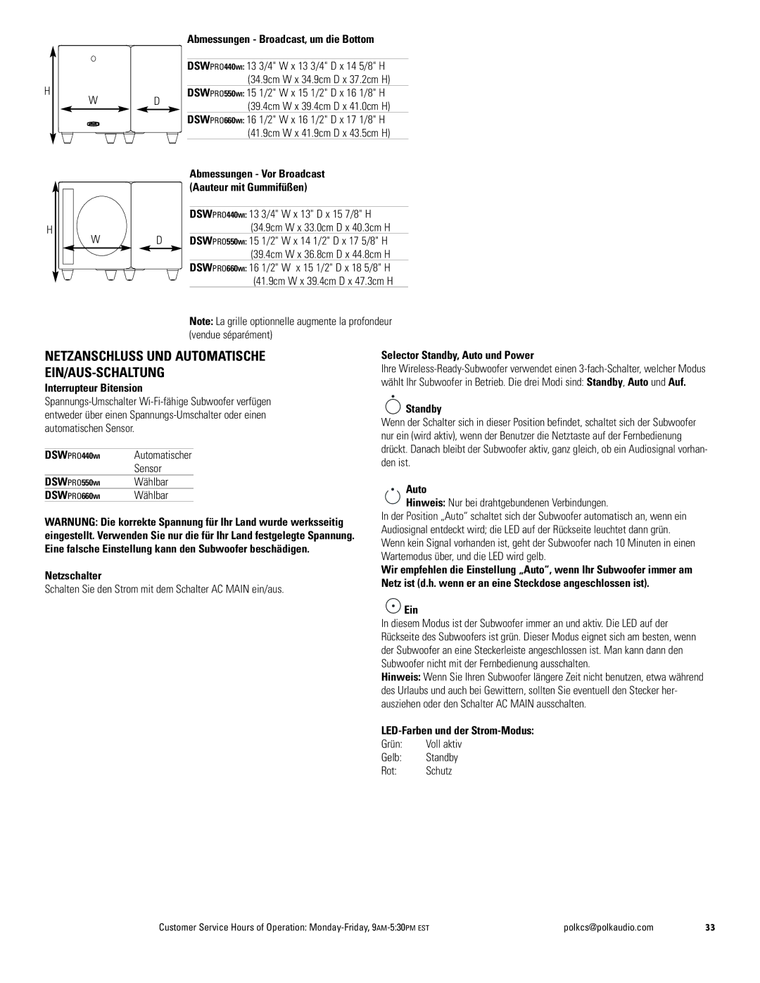 Polk Audio 440wi, 550wi, 660wi owner manual Netzanschluss UND Automatische EIN/AUS-SCHALTUNG 