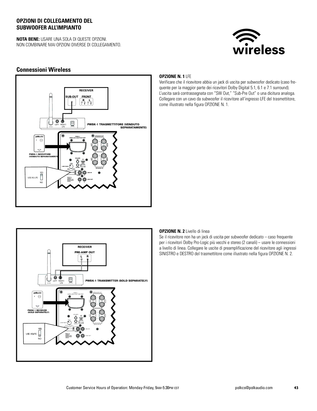 Polk Audio 550wi, 440wi, 660wi Connessioni Wireless, Opzioni DI Collegamento DEL Subwoofer ALL’IMPIANTO, Opzione N LFE 