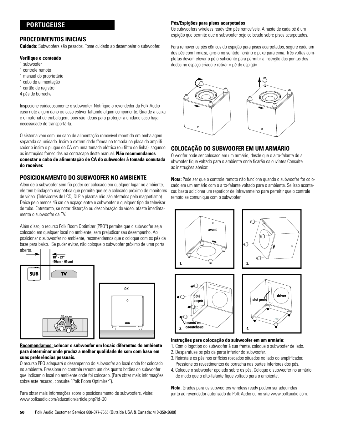 Polk Audio 660wi, 440wi Procedimentos Iniciais, Colocação do Subwoofer EM UM Armário, Pés/Espigões para pisos acarpetados 