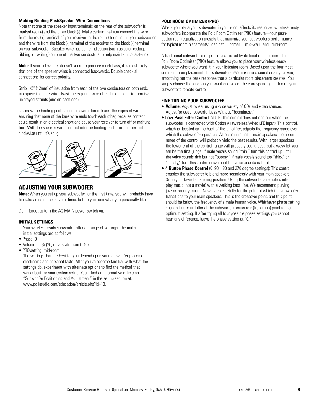 Polk Audio 440wi, 550wi, 660wi Adjusting Your Subwoofer, Making Binding Post/Speaker Wire Connections, Initial Settings 