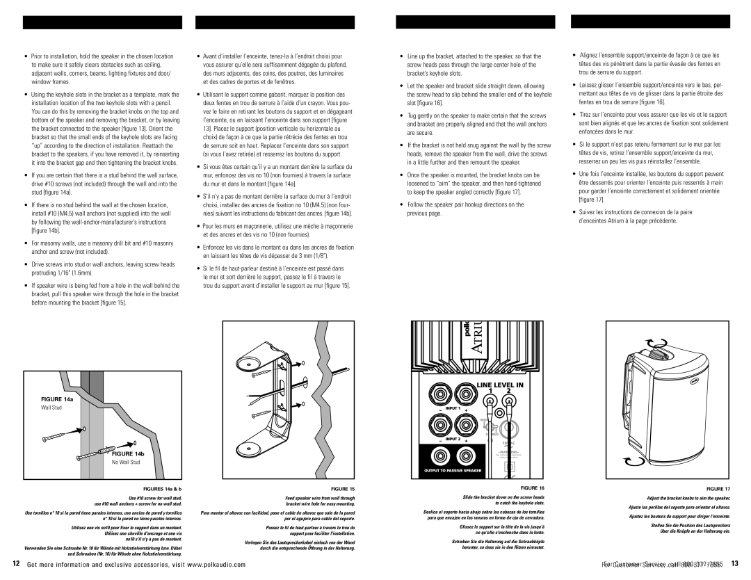 Polk Audio 45p owner manual Follow the speaker pair hookup directions on the previous, No Wall Stud 