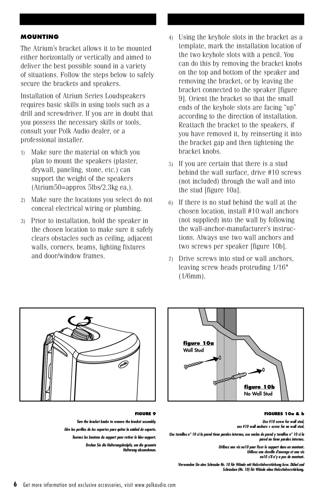 Polk Audio ATRIUM50BK owner manual Mounting 