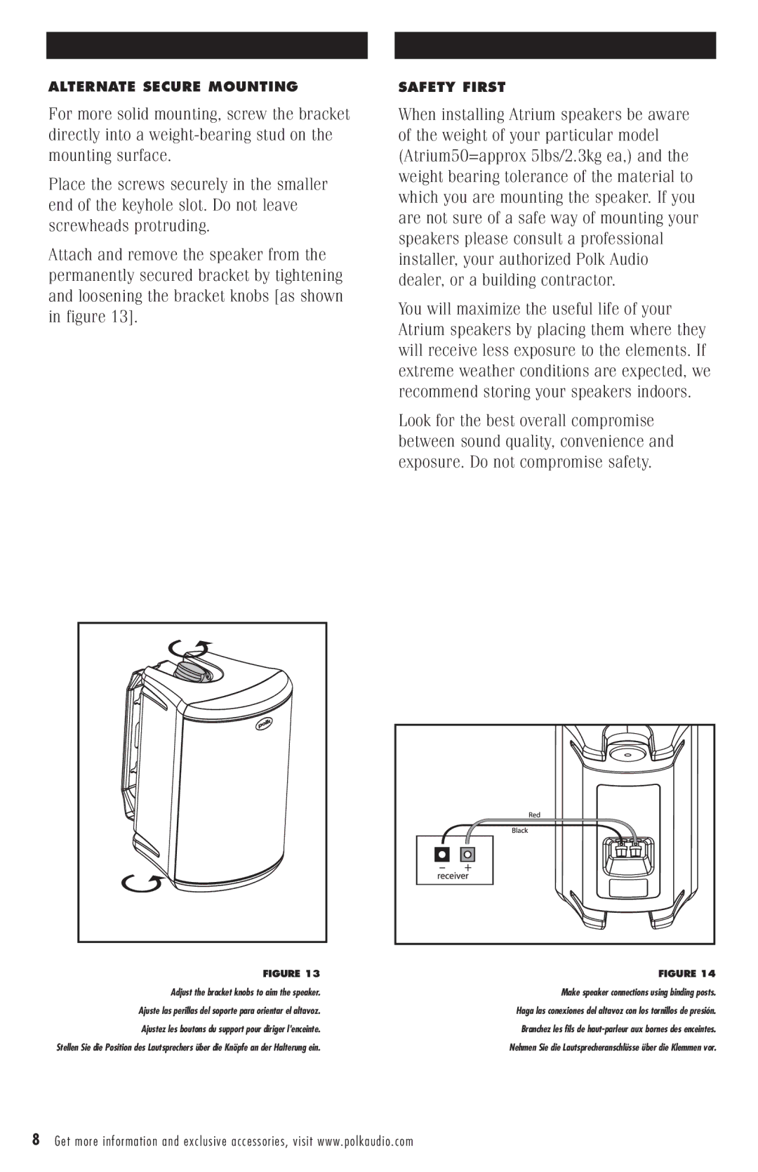 Polk Audio 50 Adjust the bracket knobs to aim the speaker, Ajuste las perillas del soporte para orientar el altavoz 