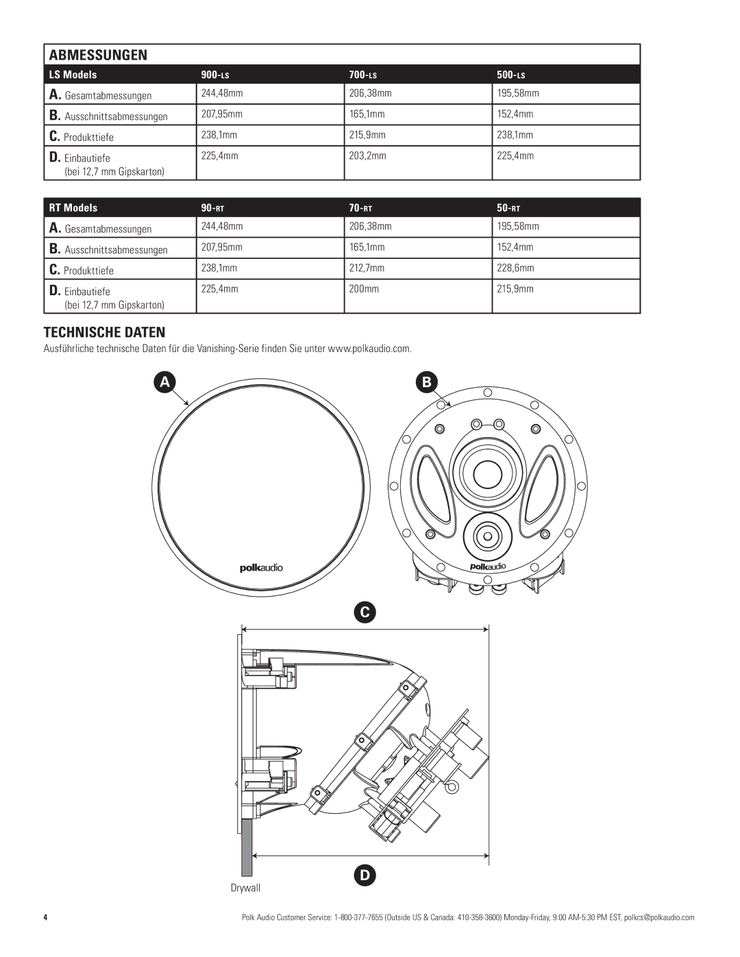 Polk Audio 700-LS, 500-LS, 50-RT, 90-RT Abmessungen, Technische Daten, Gesamtabmessungen 244,48mm 206,38mm 195,58mm, Drywall 