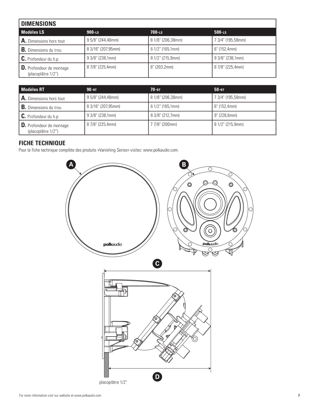 Polk Audio 50-RT, 500-LS, 900-LS, 90-RT, 70-RT Fiche Technique, Modèles LS 900-ls 700-ls 500-ls, Modèles RT 90-rt 70-rt 50-rt 