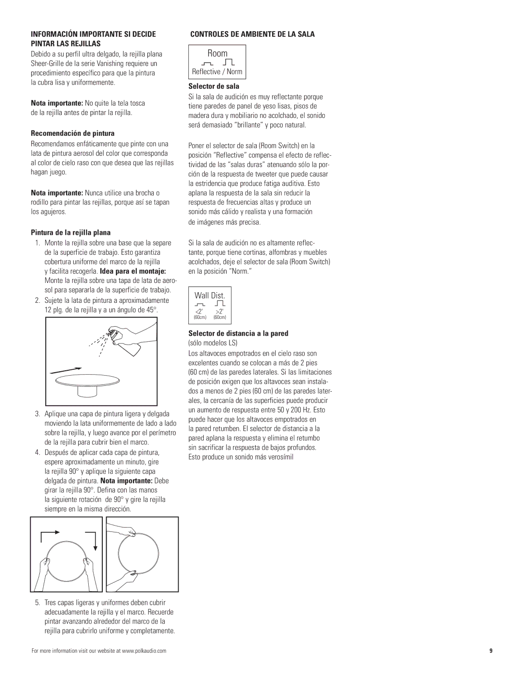 Polk Audio 90-RT, 500-LS, 50-RT manual Información Importante SI Decide Pintar LAS Rejillas, Controles DE Ambiente DE LA Sala 