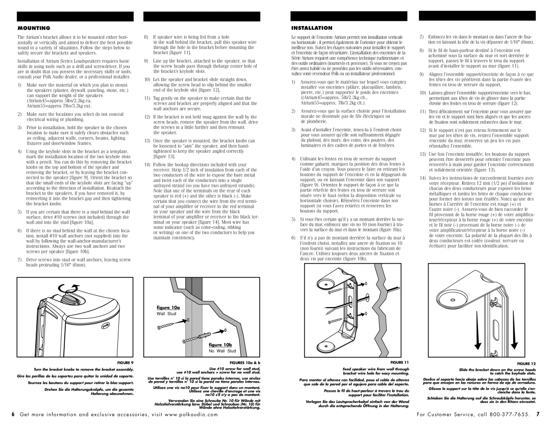 Polk Audio 5601, 55 owner manual Mounting, Installation 