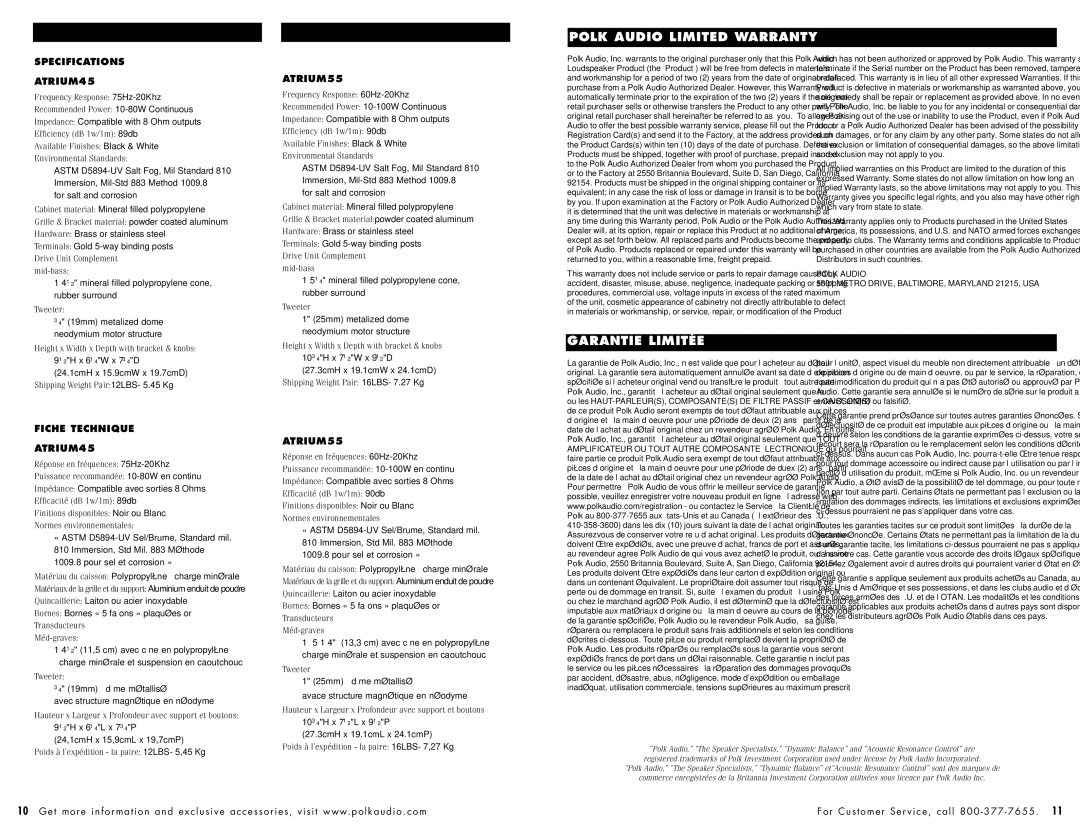 Polk Audio 5601 owner manual Specifications ATRIUM45, ATRIUM55, Fiche Technique ATRIUM45 