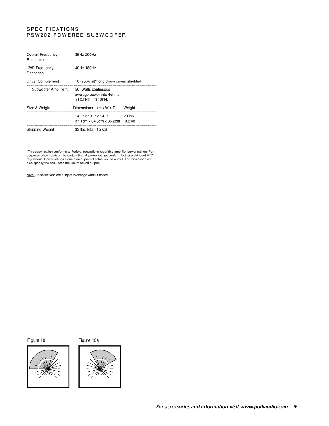 Polk Audio 5601 manual Specification S, W 2 0 2 P O W E R E D S U B W O O F E R 