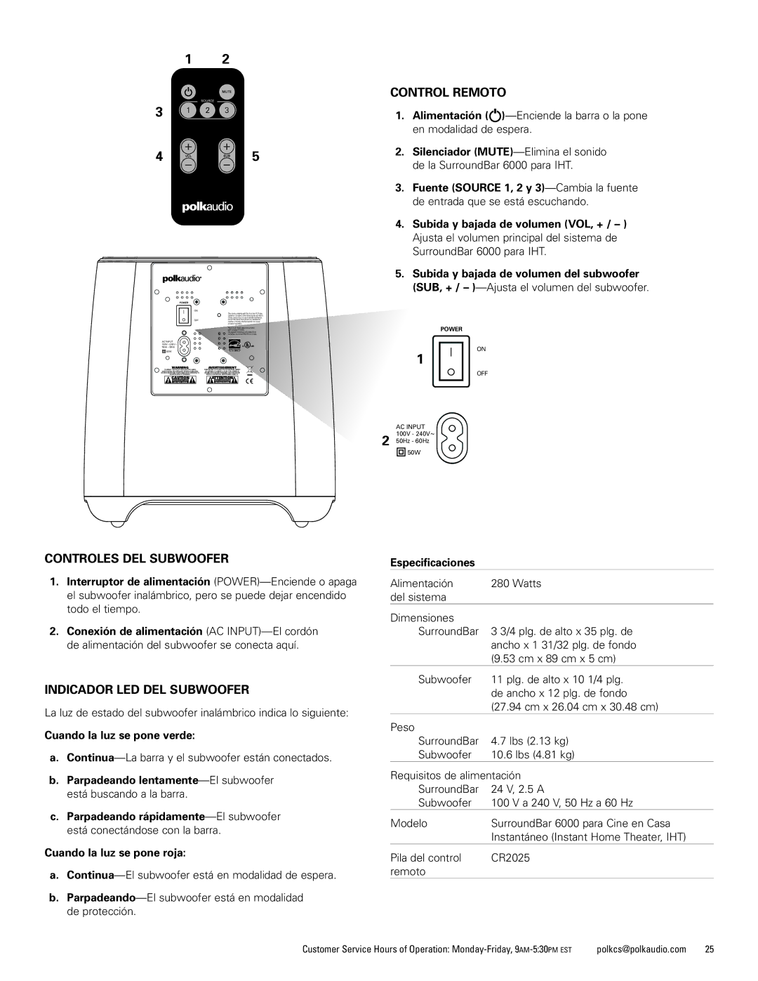 Polk Audio 6000 manual Controles DEL Subwoofer, Indicador LED DEL Subwoofer, Control Remoto, Cuando la luz se pone verde 