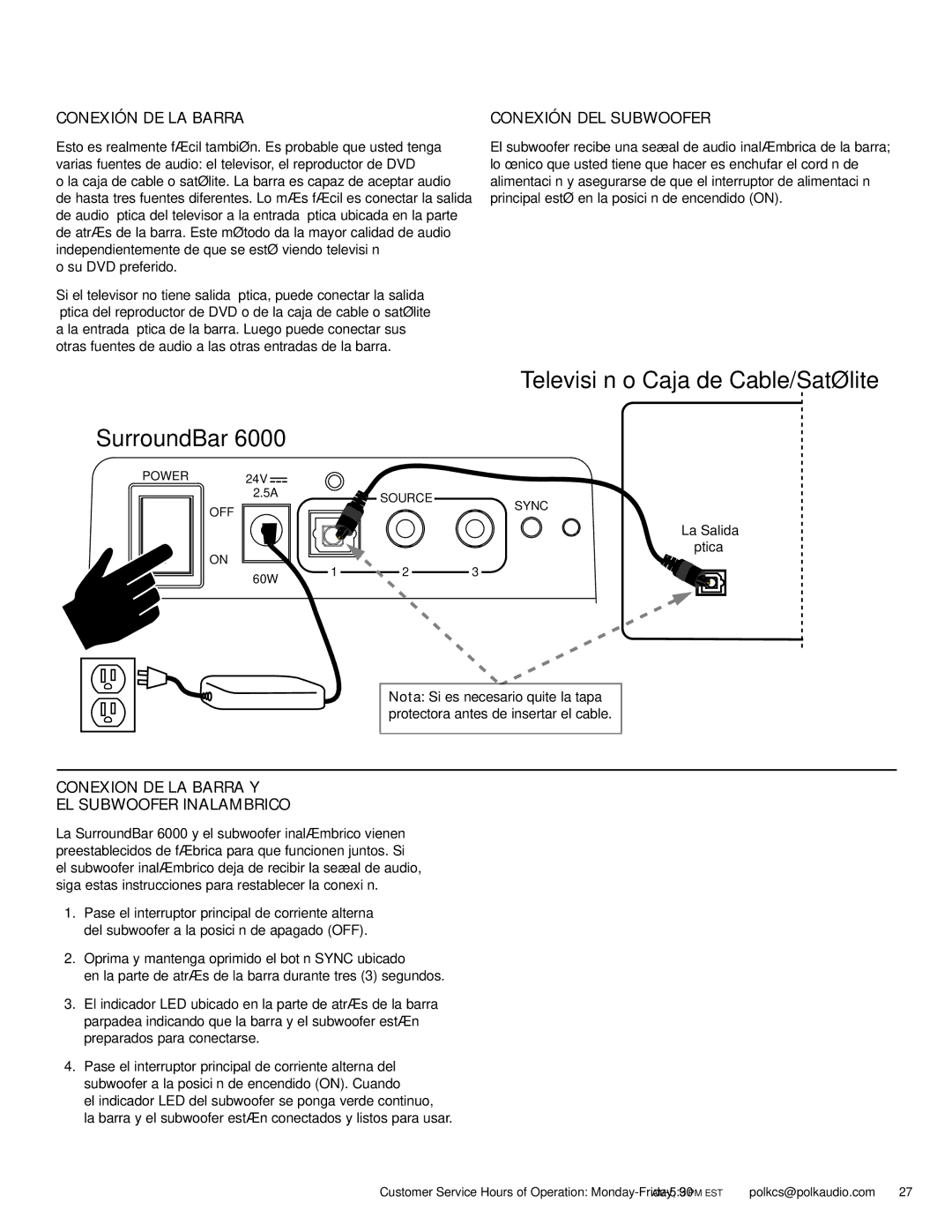 Polk Audio 6000 manual Conexión DE LA Barra, Conexión DEL Subwoofer, Conexion DE LA Barra Y EL Subwoofer Inalambrico 