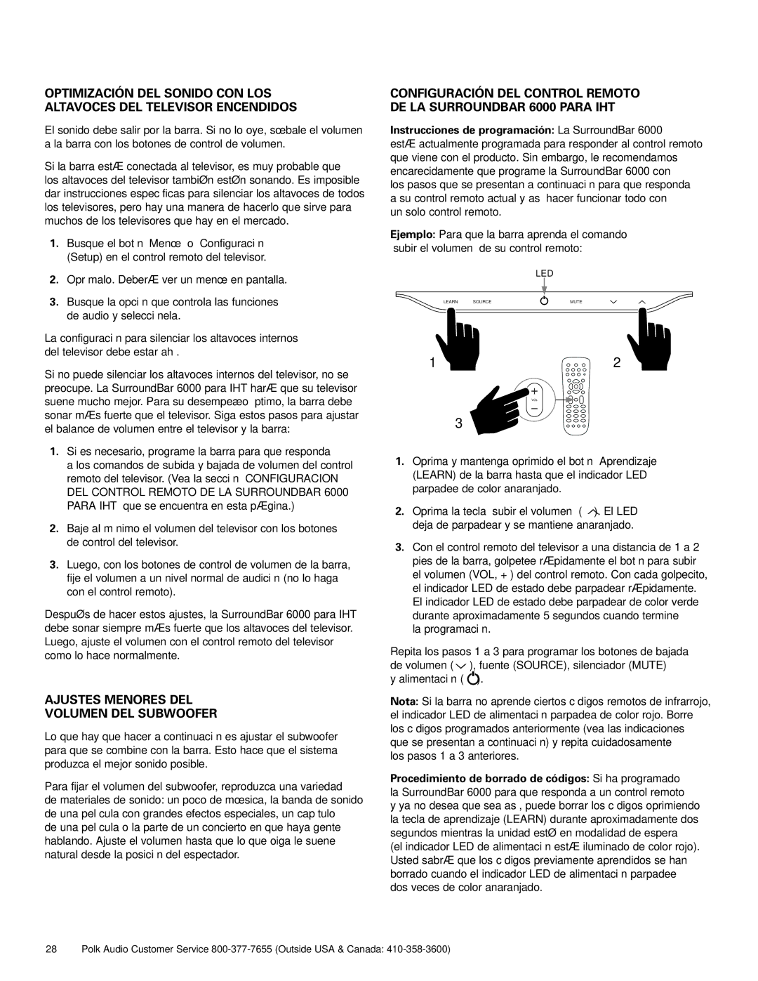 Polk Audio 6000 manual Ajustes Menores DEL Volumen DEL Subwoofer, Instrucciones de programación La SurroundBar 