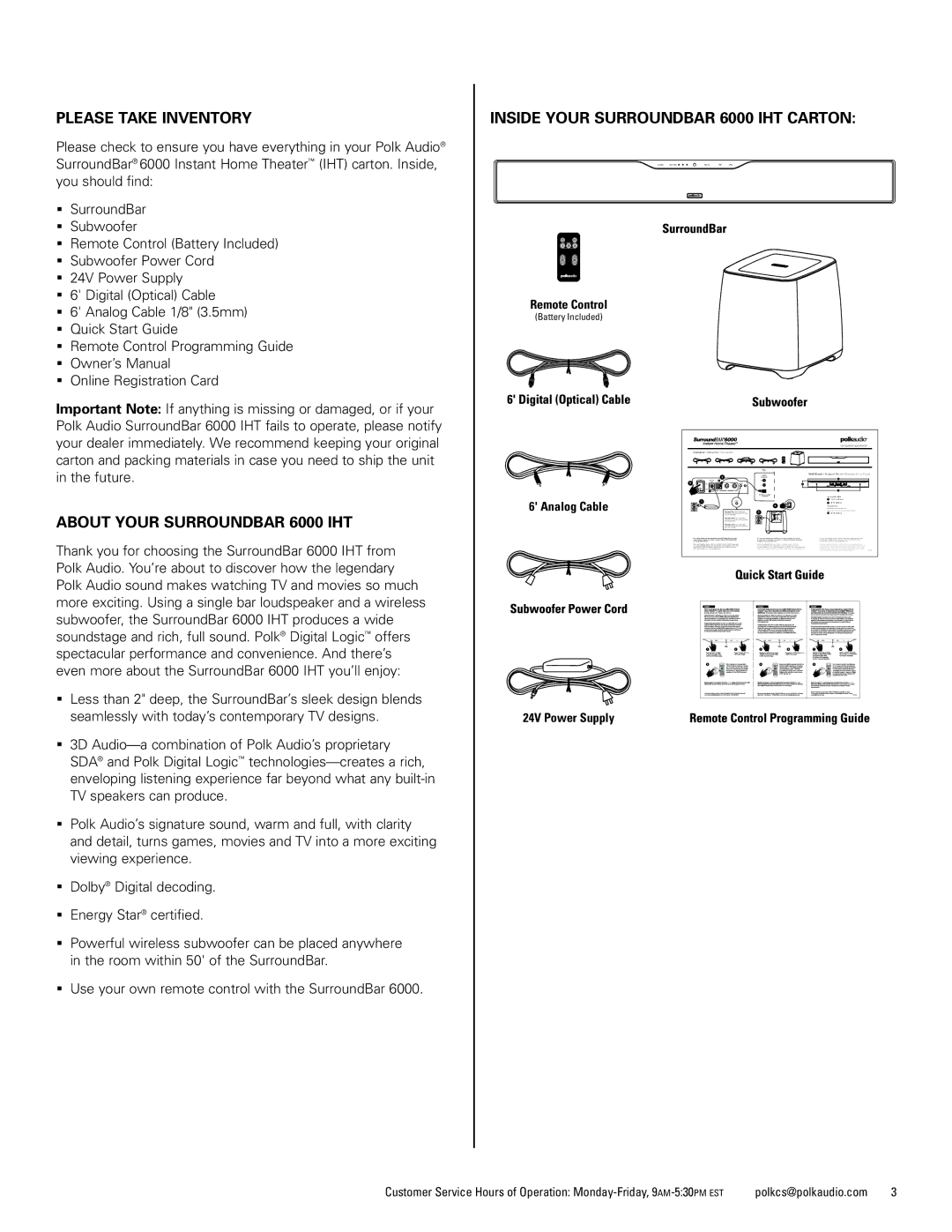 Polk Audio manual Please Take Inventory, About Your Surroundbar 6000 IHT, Inside Your Surroundbar 6000 IHT Carton 