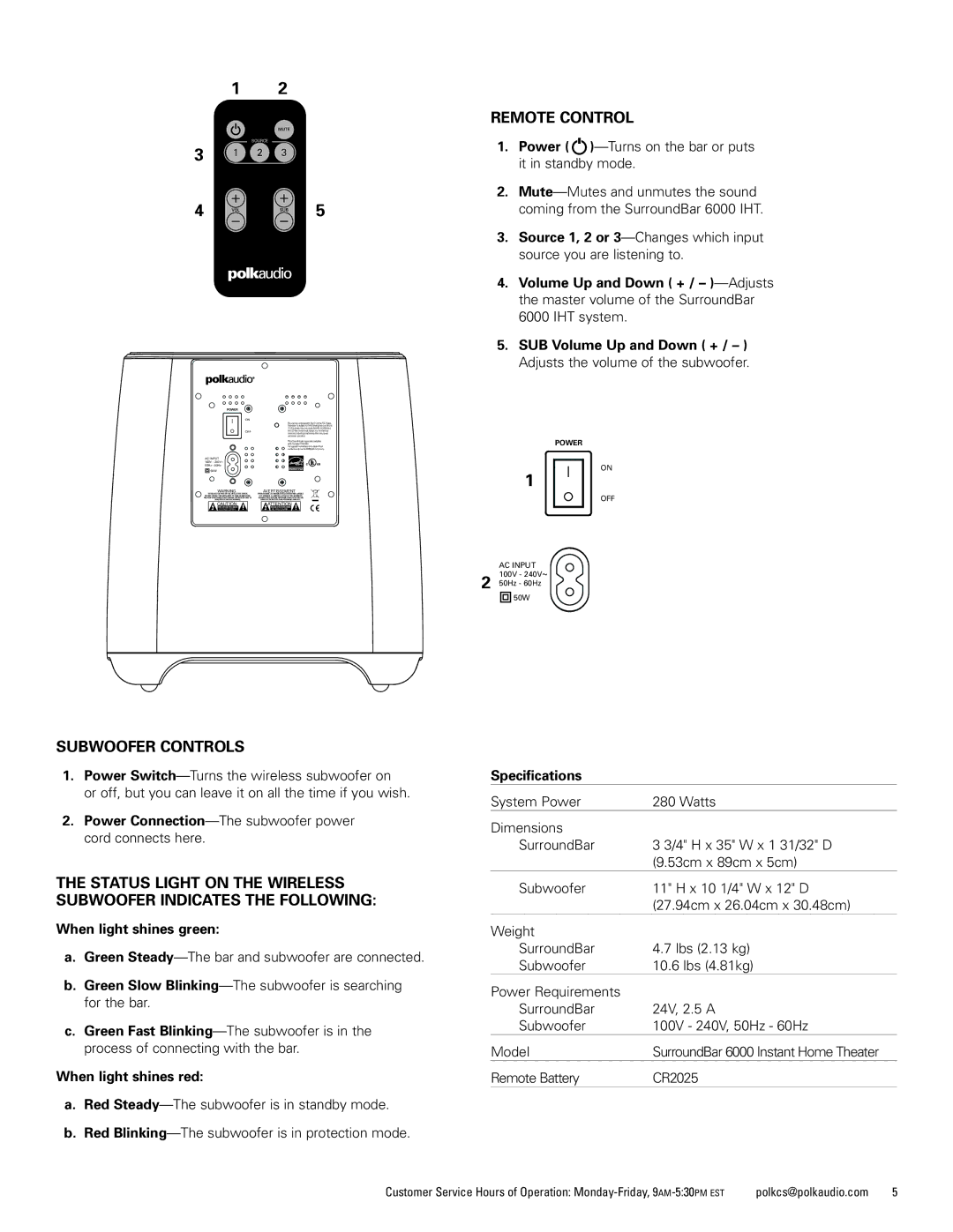 Polk Audio 6000 manual Remote Control, Subwoofer Controls 