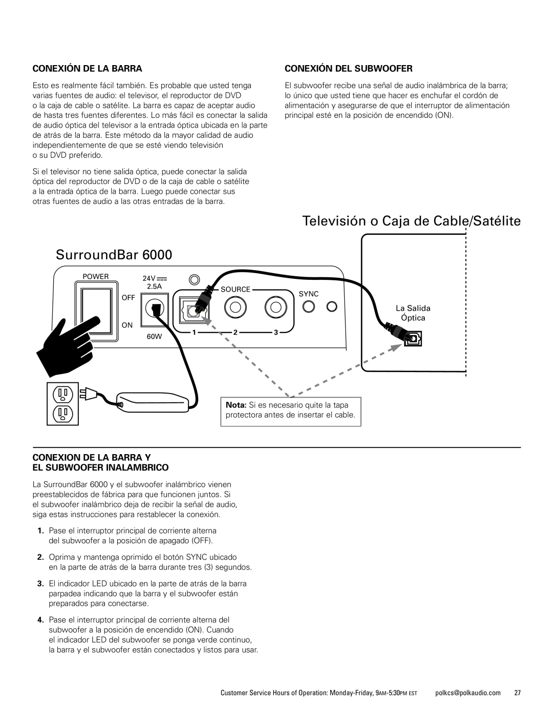 Polk Audio 6000 manual Televisión o Caja de Cable/Satélite SurroundBar, Conexión De La Barra, Conexión Del Subwoofer 