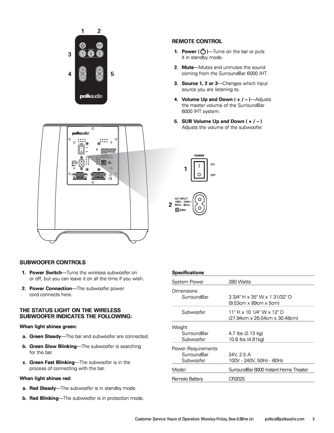 Polk Audio 6000 manual Remote Control, Subwoofer Controls 