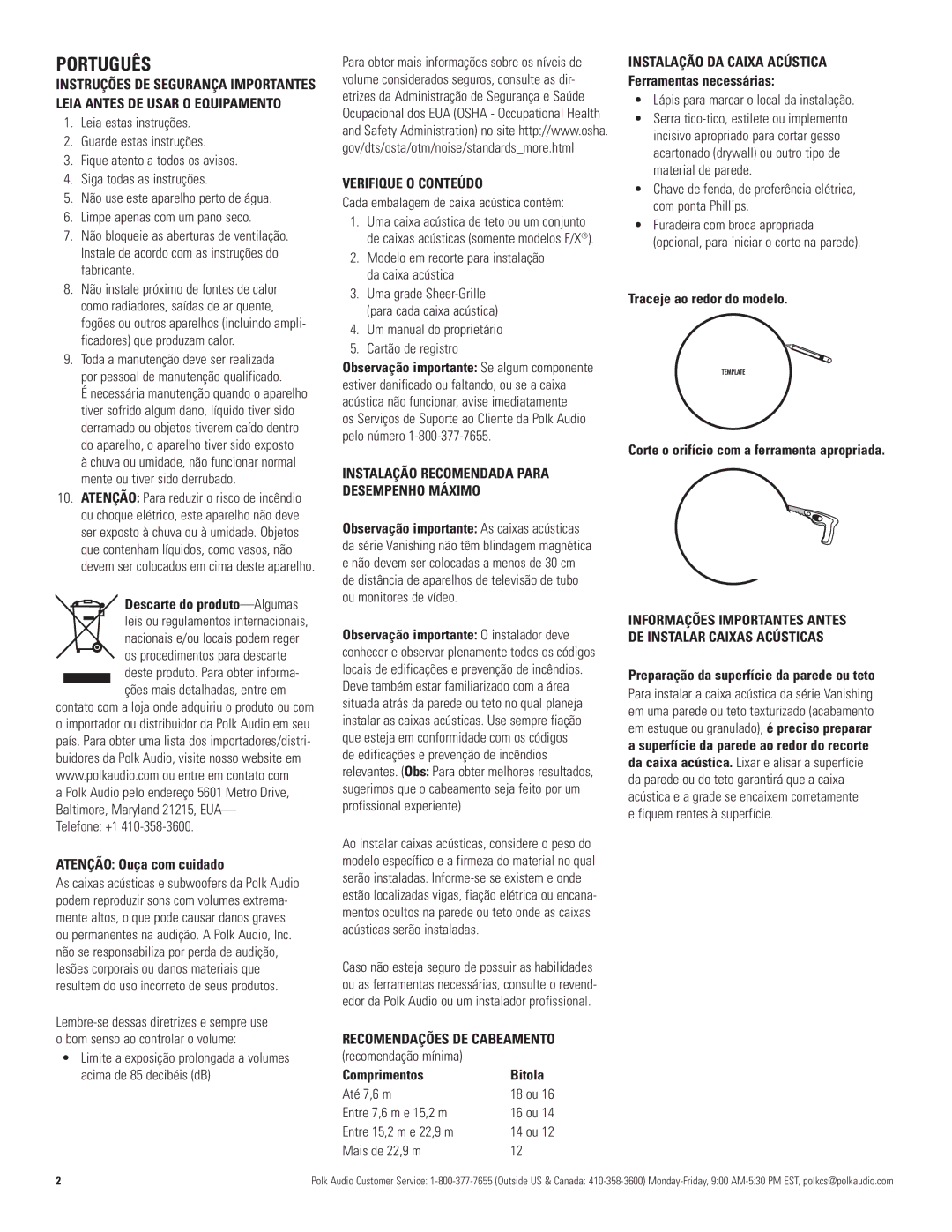 Polk Audio 80F/X -RT, 620-RT, 80F/X -LS manual Português, Verifique O Conteúdo, Instalação Recomendada Para Desempenho Máximo 