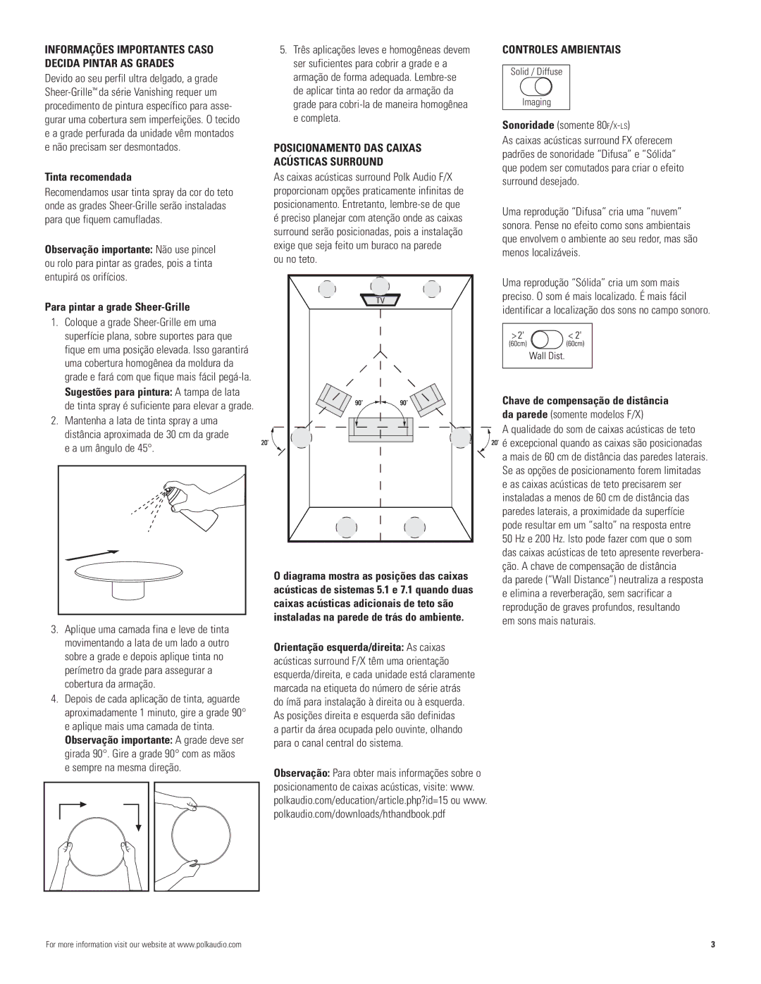 Polk Audio 620-RT, 80F/X -LS, 80F/X -RT manual Tinta recomendada, Controles Ambientais, Para pintar a grade Sheer-Grille 