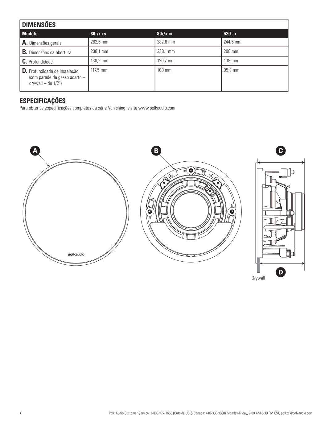 Polk Audio 80F/X -LS, 620-RT, 80F/X -RT manual Dimensões, Especificações, 117,5 mm 108 mm 95,3 mm, Drywall de 1/2 