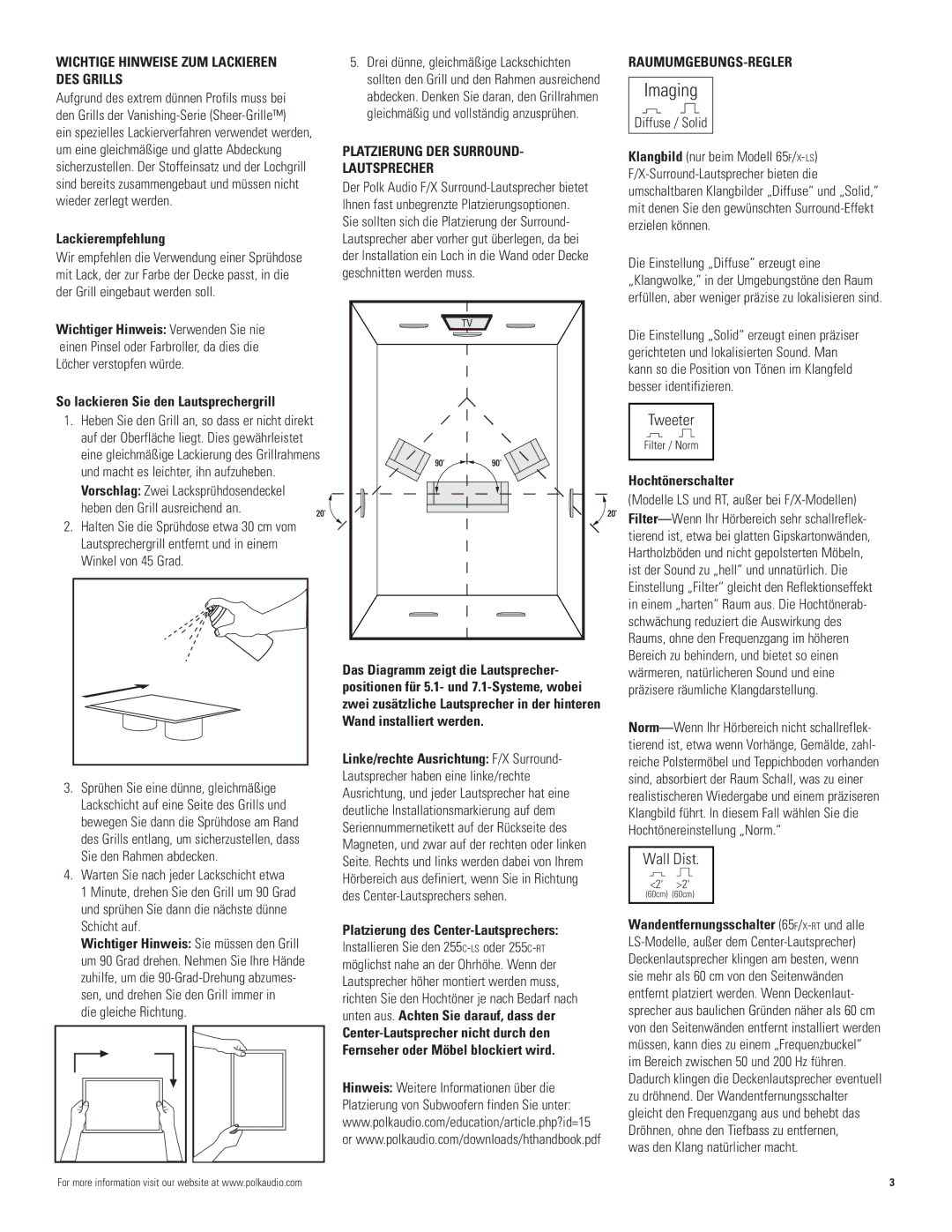 Polk Audio 255C-RT, 65-RT, 65-LS Imaging, Wichtige Hinweise ZUM Lackieren DES Grills, Platzierung DER Surround Lautsprecher 