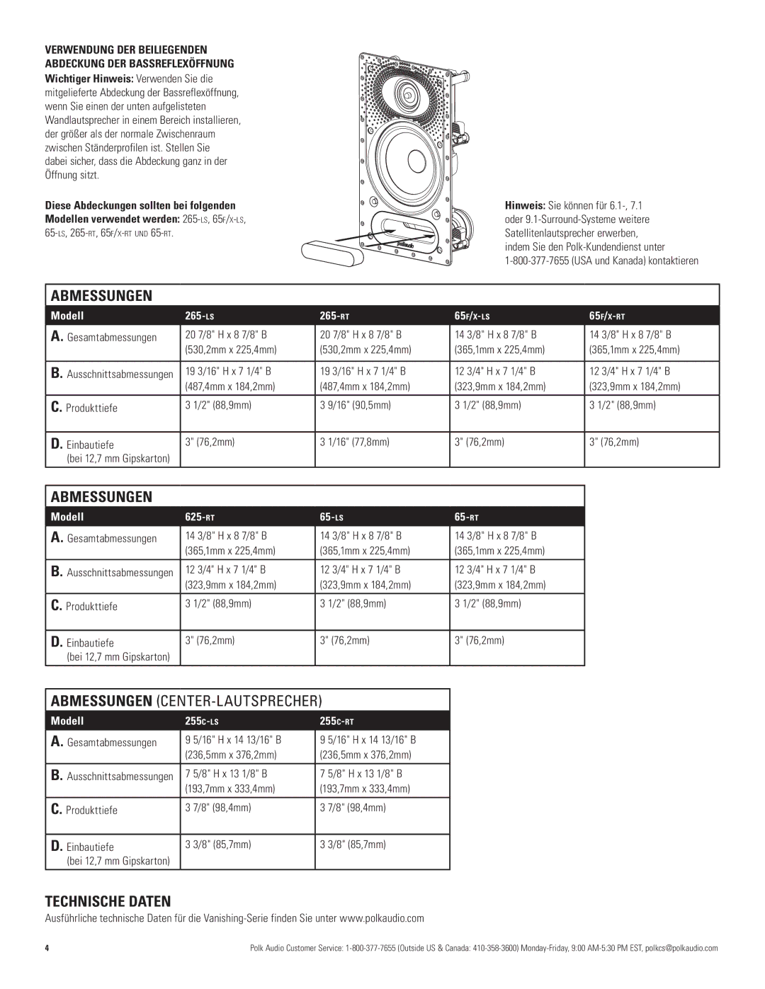 Polk Audio LS Models 265-LS, 65-RT, 625-RT, 255C-RT, 65f/x-RT, 65f/x- LS manual Abmessungen Center-lautsprecher 